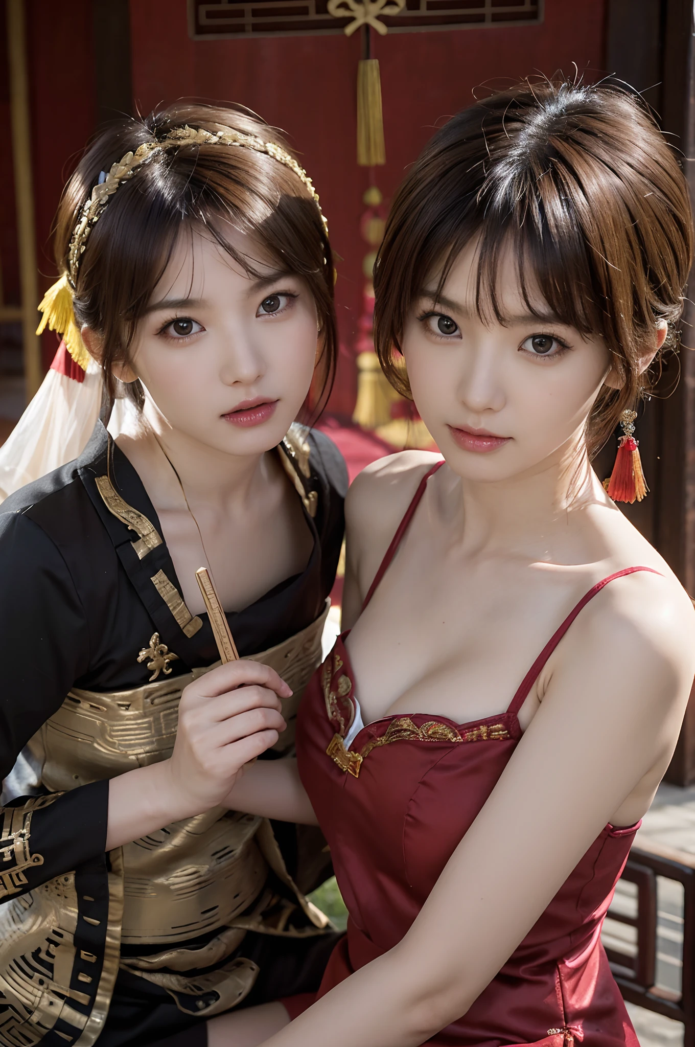 a couple of lesbians sitting together,leering:1.4,Taoist,single hair bun,(An ancient Chinese hairstick on her head:1.5),Use mahogany hairpins,(Revealing a translucent cheongsam),(Urzang-6500-V1.3,PureFace_V1,Octane rendering),Elegant Pose,xxmix girl woman,Perfect composition golden ratio,The proportions are the same for all races, All faces and pictures must be different, use all spectre of your different emotions from happiness to anger, Masterpiece, Best quality, 4K, Sharp focus. better hands, Perfect anatomy.