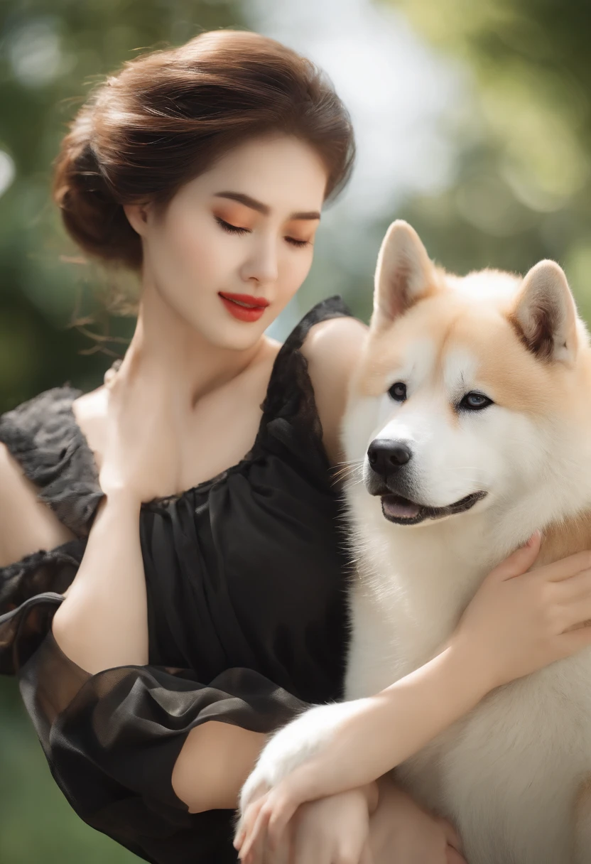 a girl playing with an Akita inu,beautiful detailed eyes,beautiful detailed lips,extremely detailed eyes and face,longeyelashes,soft fur,friendly and playful nature,elegant and majestic appearance,curled tail,black mask on its face,standing in a lush garden,happy and joyful atmosphere,natural lighting,portrait style,neutral and warm color palette,high-res rendering,vivid colors