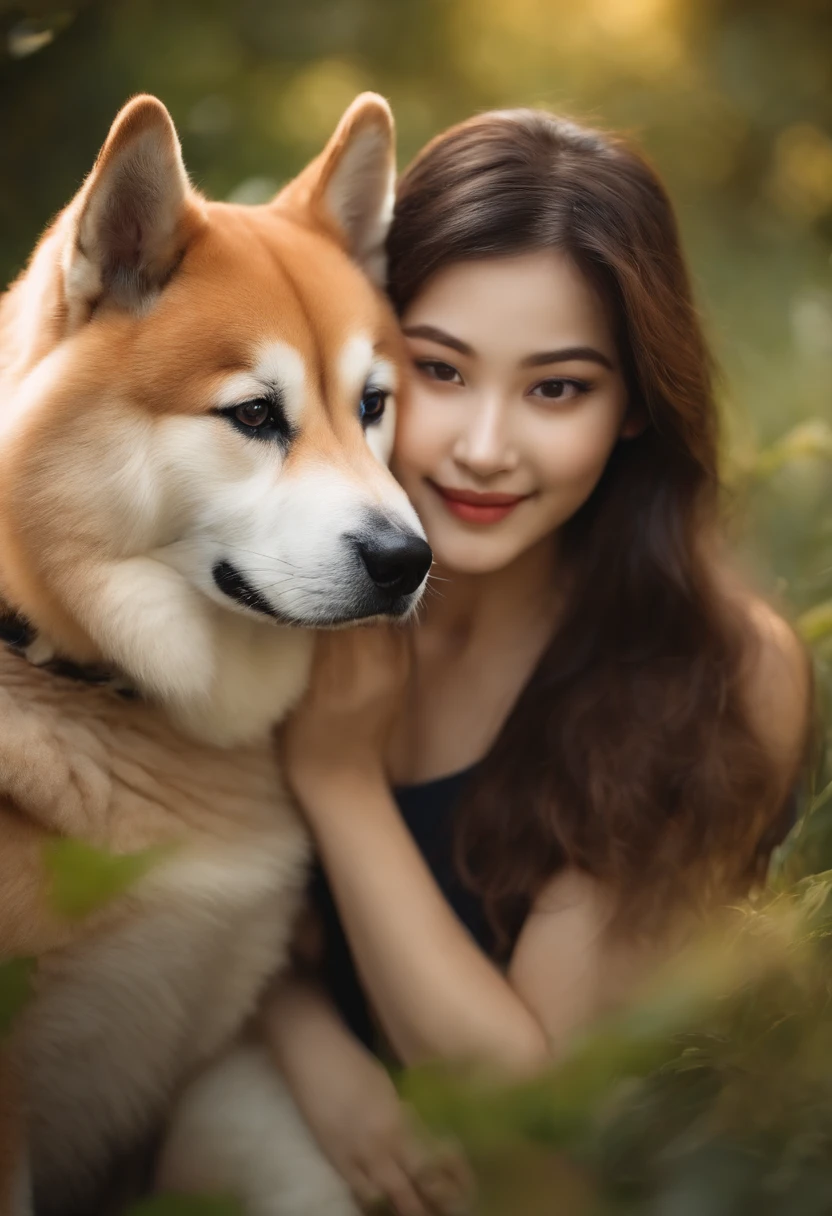 a girl playing with an Akita inu,beautiful detailed eyes,beautiful detailed lips,extremely detailed eyes and face,longeyelashes,soft fur,friendly and playful nature,elegant and majestic appearance,curled tail,black mask on its face,standing in a lush garden,happy and joyful atmosphere,natural lighting,portrait style,neutral and warm color palette,high-res rendering,vivid colors