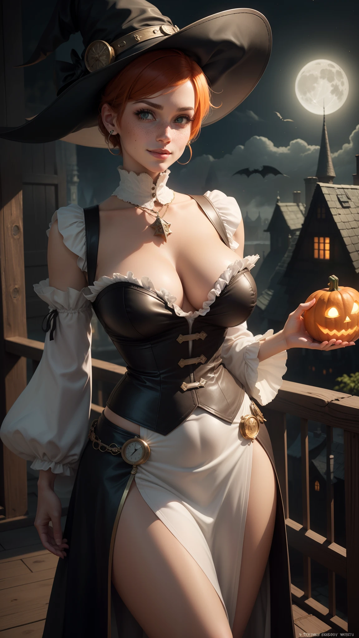 gwen tennyson,tracer,bulma,rebecca chambers,close up,castlevania,solo girl,white witch dress,moonlight,white victorian steampunk skirt,pirate corset,jade neck jewelry,witch hat,short hair,moon earrings,night gown,holding a wand,pumpkin village,witch castle,black cat,gothic makeup,halloween pumpkin,green eyes,orange hair,shy smile,freckles,redhead,beautiful girl,large breasts,ultra detailed,realistic,fantasy art,