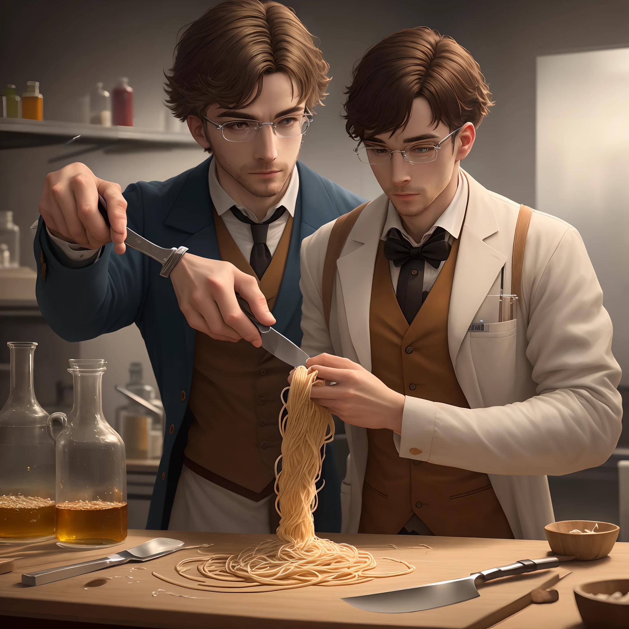 best quality,4k,8k,highres,masterpiece:1.2),ultra-detailed,realistic,portrait of a male French chemist cutting spaghetti with a knife, chemistry laboratory in the background