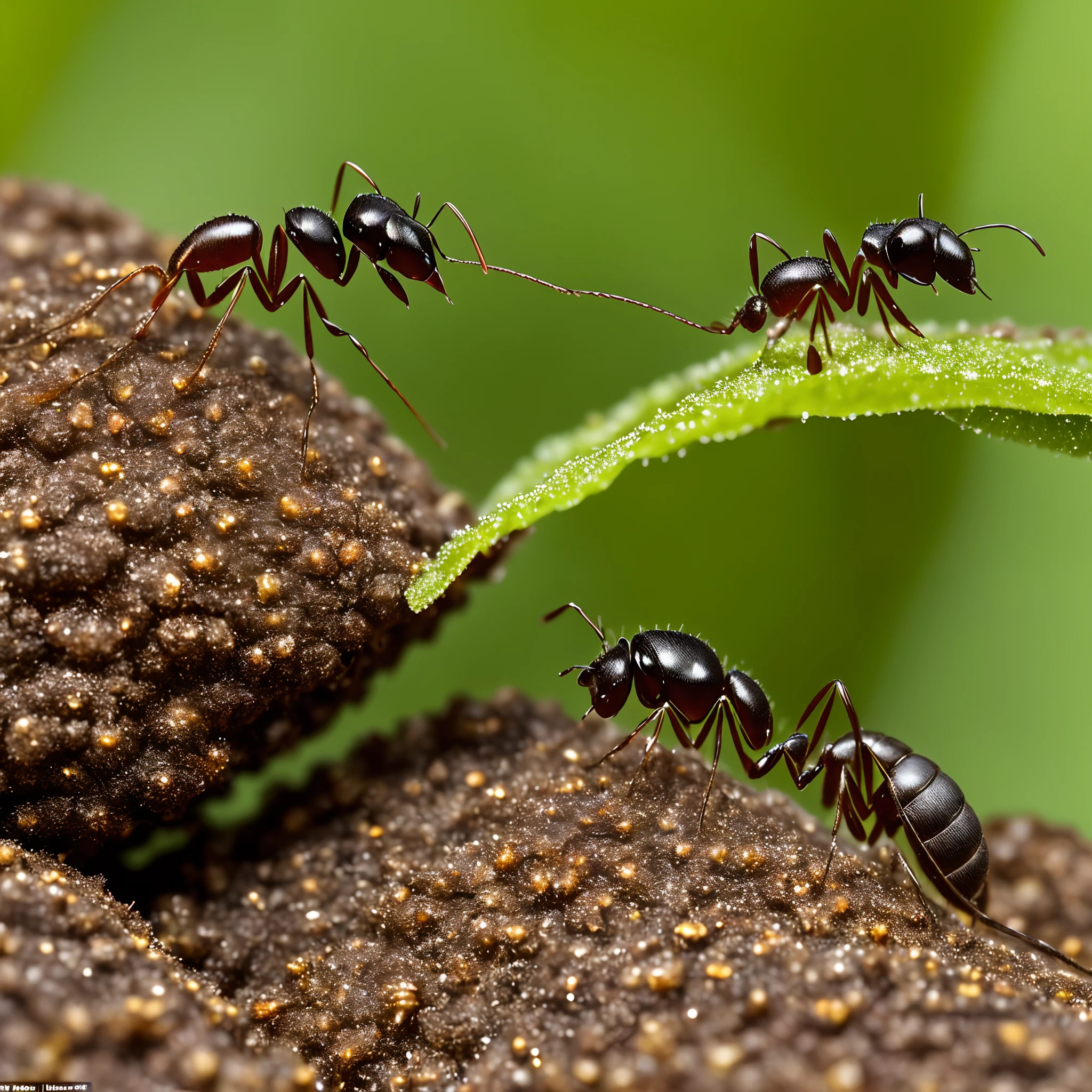 An ant sits on a leaf and admires a drop of dew, in which the setting sun is reflected. Background – grass, Flowers, sun, Not far away is an anthill
