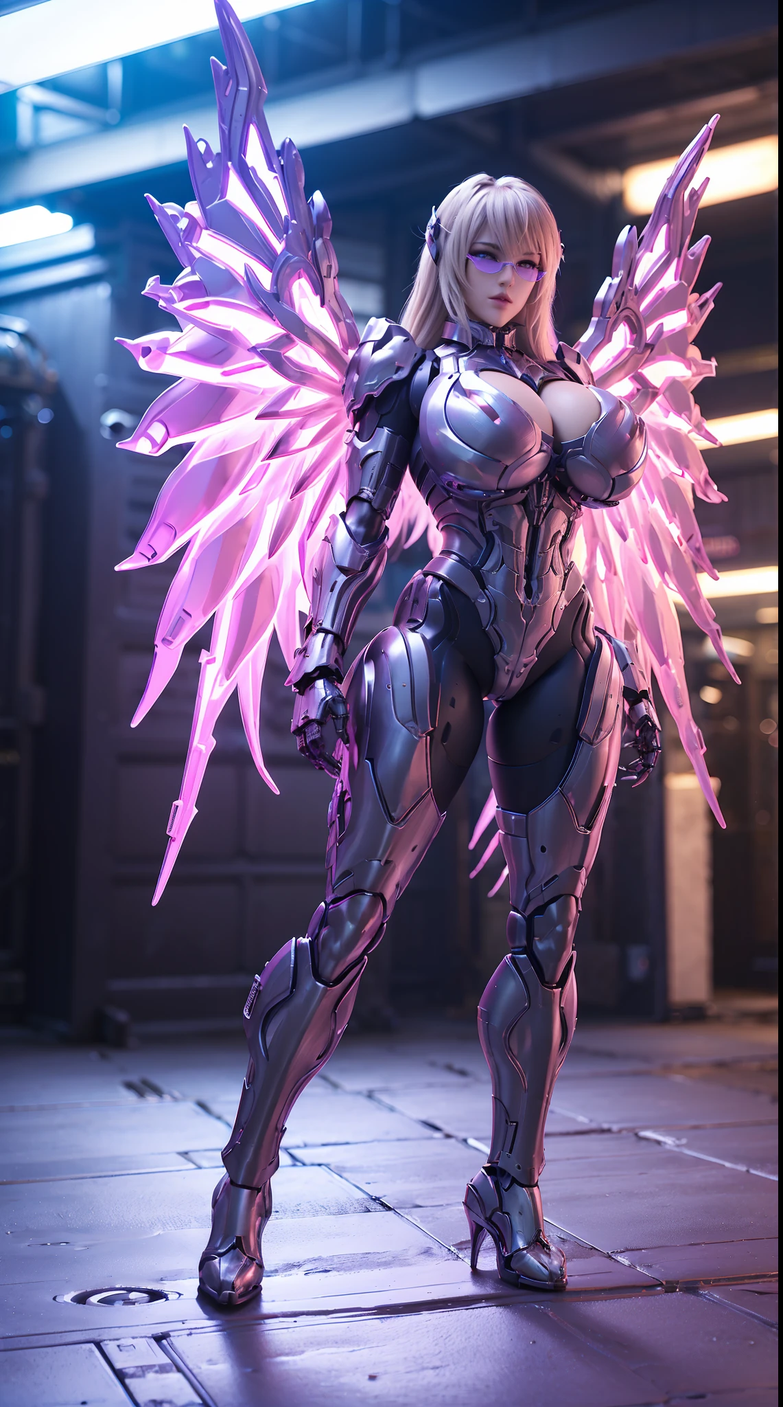 (DRAGON HEAD), HUGE FAKE BOOBS, (BEAUTIFUL FACE), (BLONDE HAIR), (PURPLE:1.2, WHITE:0.8, RGB:1), (TACTICAL GLASSES:1.3), (CROP TOP MECHA ARMORED GEAR), (((A PAIR OF HUGE MECHANICAL WINGS SPREAD OUT))), FUTURISTIC DRAGON MECHA SUIT, (CLEAVAGE), (SKINTIGHT YOGA PANTS), (PERFECT BODY:1.2), (FULL BODY VIEW), FRONT, (STANDING:1), (MECHANICAL HIGH HEELS), MUSCLE ABS, UHD, 8K, 1080P.