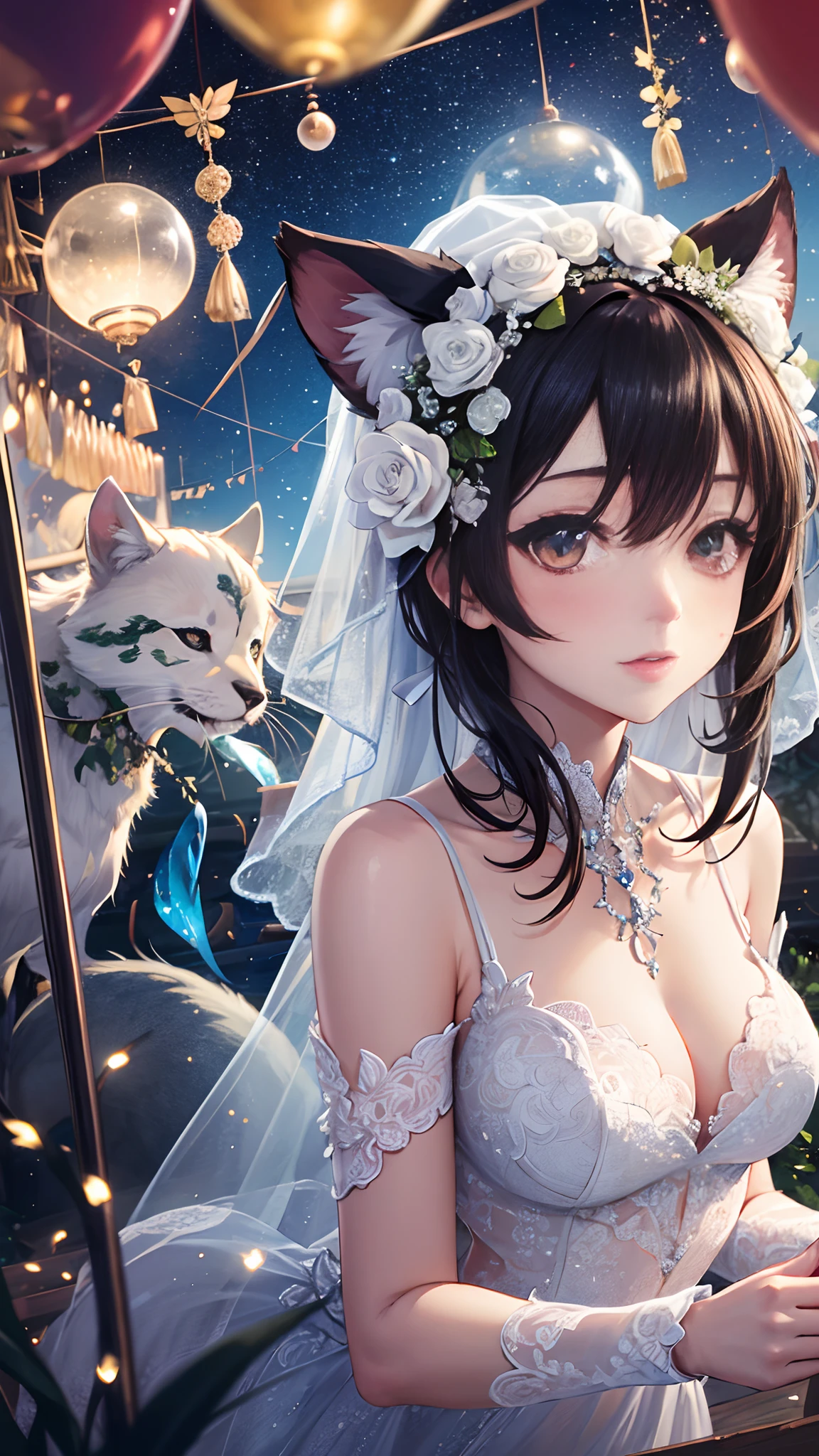 Two beautiful brides, kemono, furry, very detailed body fur, Cute white caravan with white and red roses, diamonds, lots of fairy lights, bunting, balloons, pretty, beautiful, vivid colors, Intricate, Highly detailed, Warm lighting, Sharp focus, beautiful starry sky, perfect composition, extreme camera angle,