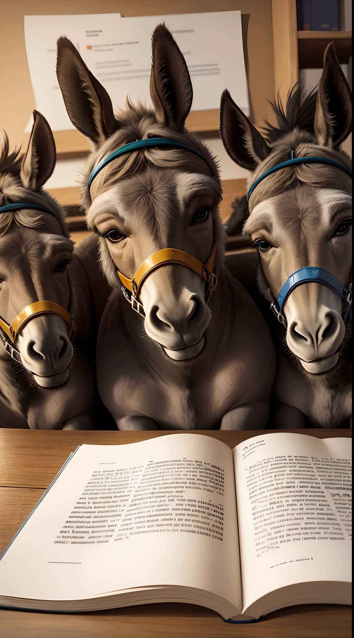 crie agora um comunidade de burros sentados em um mesa escrevendo em um livro, os burros estaram com roupas humanas, glasses and backpacks.. These donkeys are intellectuals like the ancient philosophers Plato and Aristotle