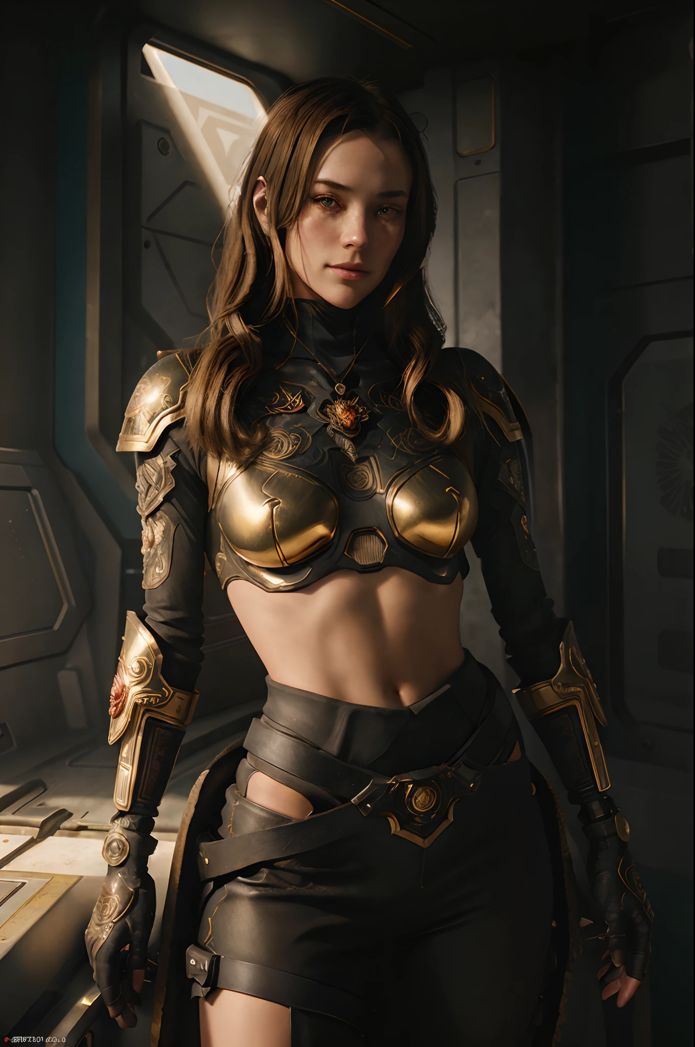 Young girl in cyberpunk golden armor, Soviet poster style, with a gun and roses against a mech backdrop. Sunny weather, anime-manga graphics, dark colors. High-detail 8k poster with intricate, ornate illustration, reminiscent of Johanna Rupprecht and William Morris styles. Trending on ArtStation. --ar 9:16 (ZavyChromaX, StableDifusionXL1. 0 - SeargeSDXL)