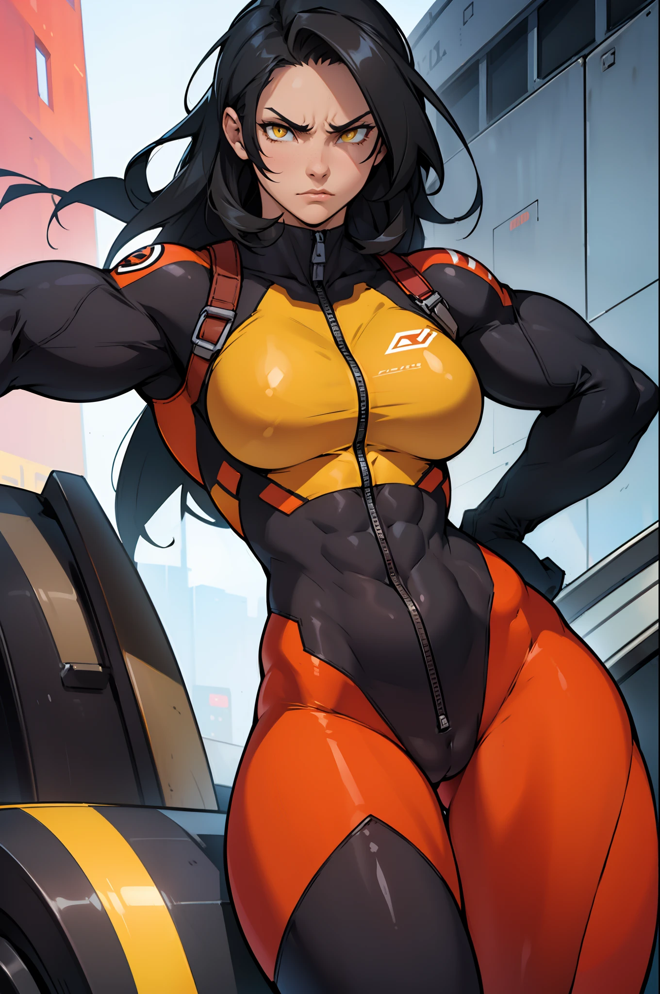 ((((muscular 1 girl)))) (thick thighs perky breasts wide hips curvy toned body pilot suit bodysuit) angry yellow eyes black hair very long hair pale skin solo