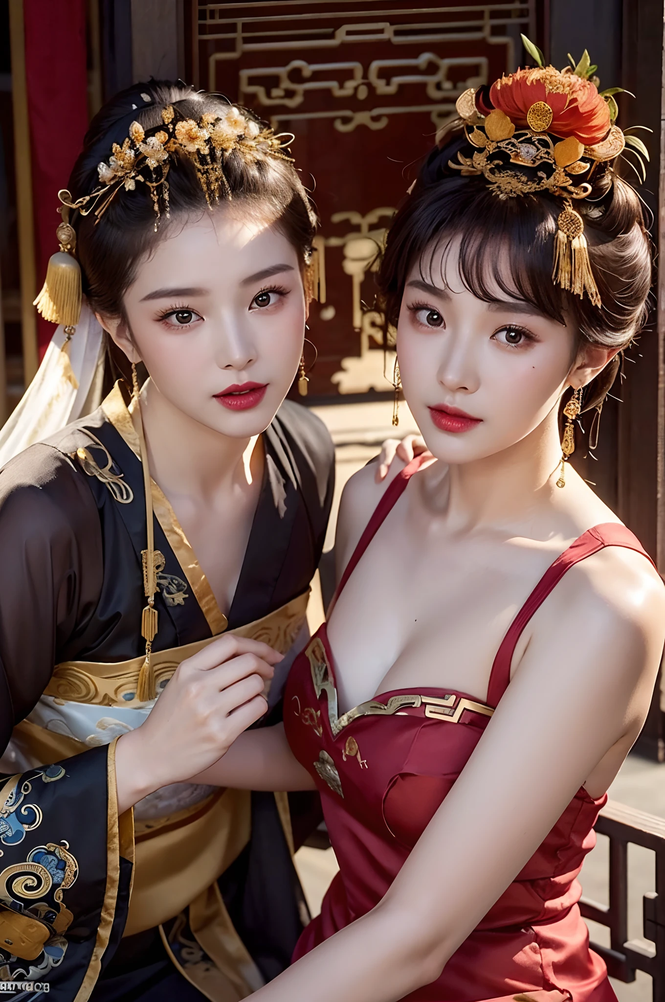 a couple of lesbians sitting together,leering:1.4,Taoist,single hair bun,(An ancient Chinese hairstick on her head:1.5),Use mahogany hairpins,(Revealing a translucent cheongsam),(Urzang-6500-V1.3,PureFace_V1,Octane rendering),Elegant Pose,xxmix girl woman,Perfect composition golden ratio,The proportions are the same for all races, All faces and pictures must be different, use all spectre of your different emotions from happiness to anger, Masterpiece, Best quality, 4K, Sharp focus. better hands, Perfect anatomy.