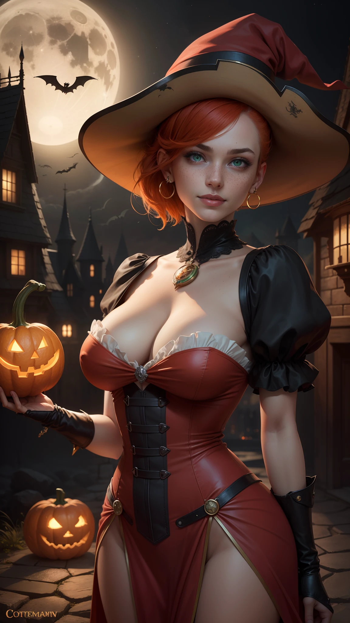 gwen tennyson,tracer,bulma,rebecca chambers,close up,castlevania,solo girl,red witch dress,moonlight,red victorian steampunk skirt,pirate corset,jade neck jewelry,red witch hat,short hair,cresent moon earrings,night gown,holding a wand,pumpkin village,witch castle,gothic makeup,halloween pumpkin,green eyes,orange hair,shy smile,freckles,redhead,beautiful girl,large breasts,ultra detailed,realistic,fantasy art,