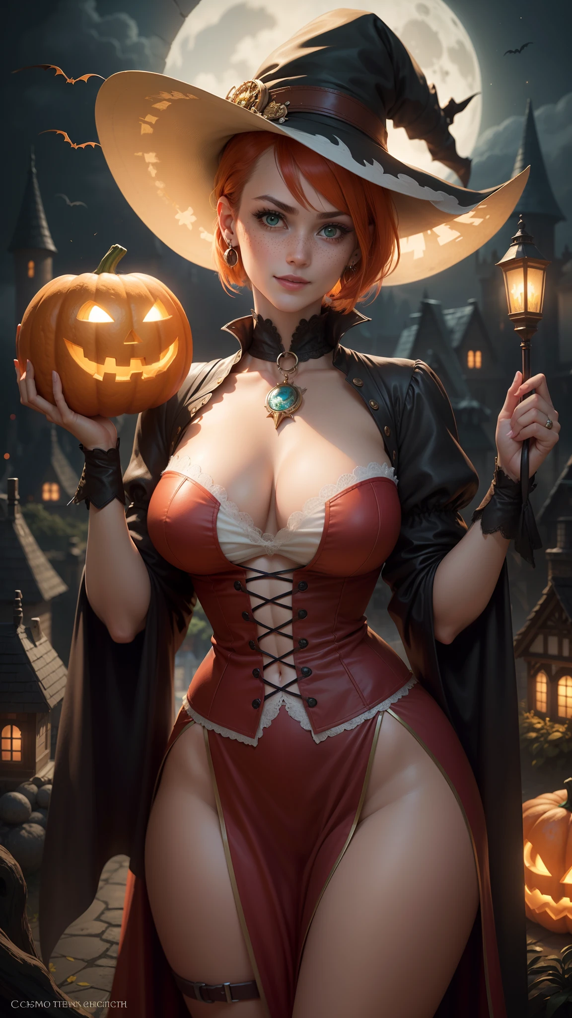 gwen tennyson,tracer,bulma,rebecca chambers,close up,castlevania,solo girl,red witch dress,moonlight,red victorian steampunk skirt,pirate corset,jade neck jewelry,red witch hat,short hair,cresent moon earrings,night gown,holding a wand,pumpkin village,witch castle,gothic makeup,halloween pumpkin,green eyes,orange hair,shy smile,freckles,redhead,beautiful girl,large breasts,ultra detailed,realistic,fantasy art,