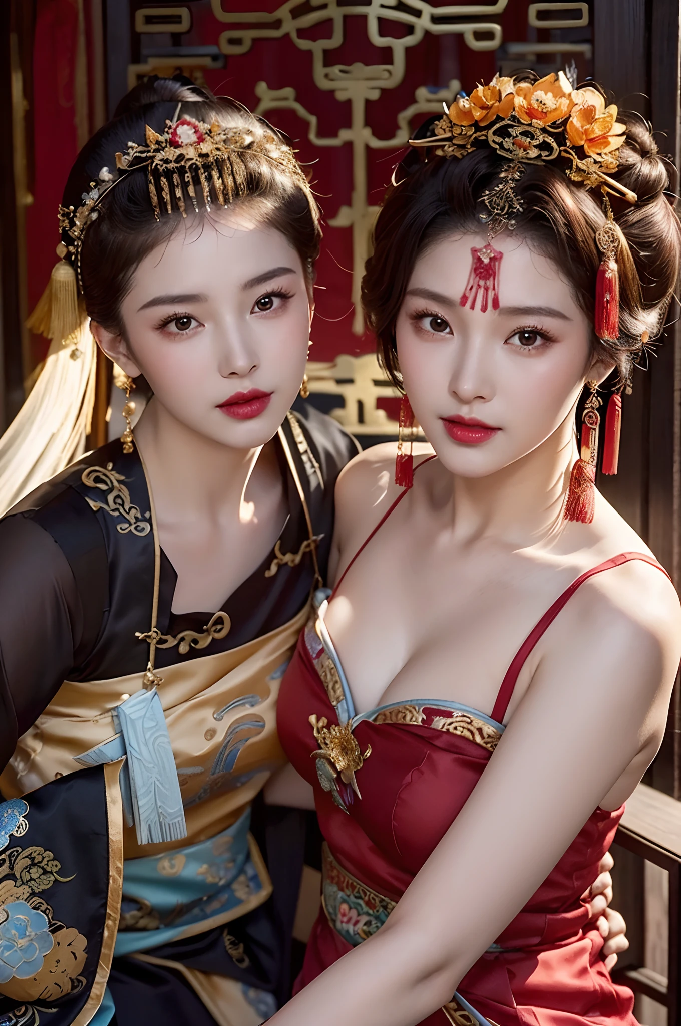 a couple of lesbians sitting together,leering:1.4,Taoist,single hair bun,(An ancient Chinese hairstick on her head:1.5),Use mahogany hairpins,(Revealing a translucent cheongsam),(Urzang-6500-V1.3,PureFace_V1,Octane rendering),Elegant Pose,xxmix girl woman,Perfect composition golden ratio,The proportions are the same for all races, All faces and pictures must be different, use all spectre of your different emotions from happiness to anger, Masterpiece, Best quality, 4K, Sharp focus. better hands, Perfect anatomy.