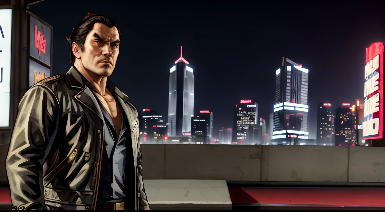 GTAV Loading Screen 2D art, kazuya as GTA5 Character, cinematic composition, standing in front of a city, shaders, bright cinematic lighting, soft contrast, GTA5 loading screen, gta art, wallpaper 4 k, wallpaper 4k, hq 4k wallpaper, gta loading screen art, fan art, rockstar games art