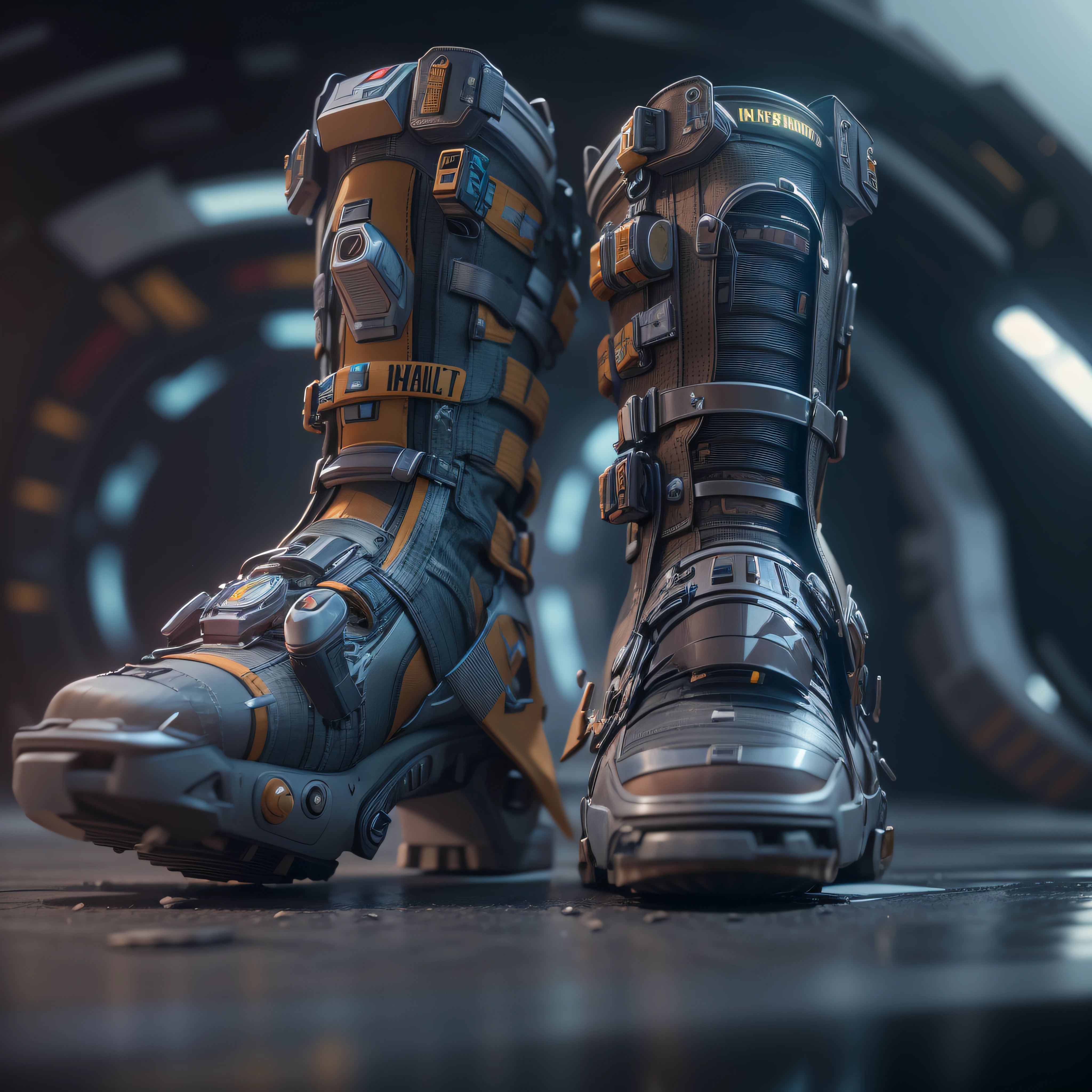futuristic Rocket Boots, Weapon Gauntlet, photo-realistic, octane render, unreal engine, ultra-realistic