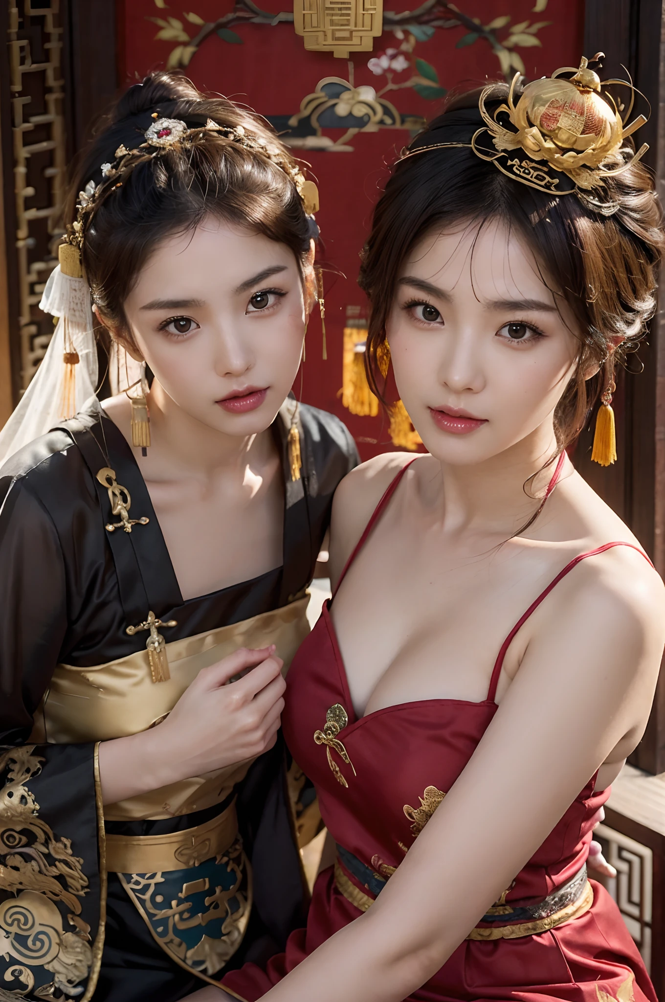 a couple of lesbians sitting together,leering:1.4,Taoist,single hair bun,(An ancient Chinese hairstick on her head:1.5),Use mahogany hairpins,(Revealing a translucent cheongsam),(Urzang-6500-V1.3,PureFace_V1,Octane rendering),Elegant Pose,xxmix girl woman,Perfect composition golden ratio,The proportions are the same for all races, All faces and pictures must be different, use all spectre of your different emotions from happiness to anger, Masterpiece, Best quality, 4K, Sharp focus. better hands, Perfect anatomy.