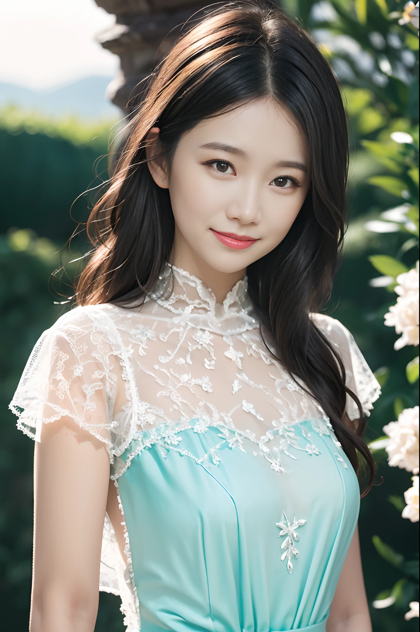 (Masterpiece, Best quality:1.2), 8K, 85mm, RAW photo, absurderes, White and cyan theme, (liquid clothes, Liquid dress:1.4), White hair, gradient dress, Delicate girl, Upper body, close-up face, Shiny skin, Married Woman, view the viewer, hdr, Sharp focus, Particle, twilight sky, Detailed eyes and face, White hair, Simple background，nakeness，plumw，extremely large bosom，Bare lower body，Bare breasts，Transparent clothes, smile, elsa the snow queen from frozen, ((realistic)), snow Mountain background