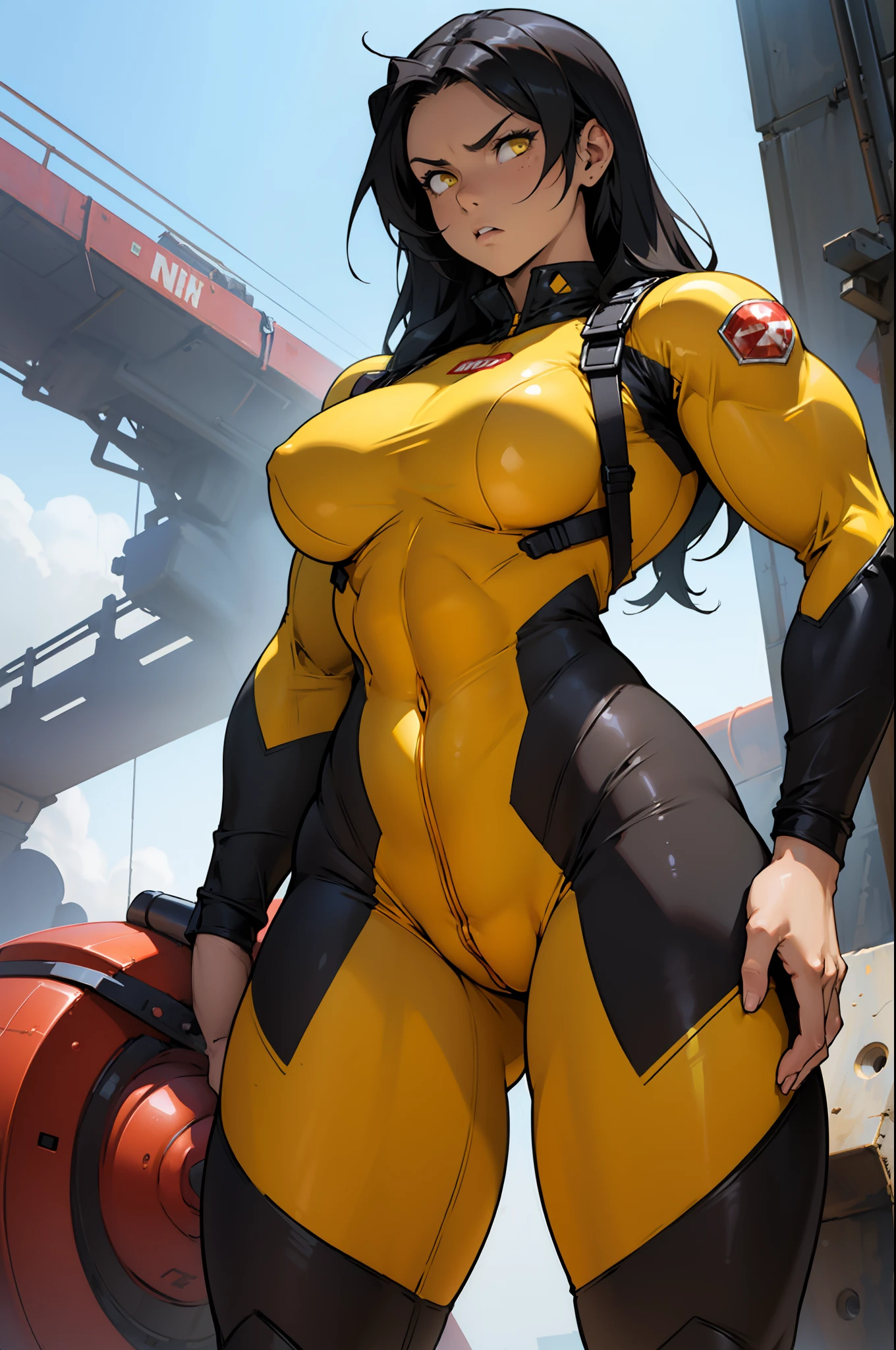 ((((muscular 1 girl)))) (thick thighs perky breasts wide hips curvy toned body pilot suit bodysuit) angry yellow eyes black hair very long hair pale skin solo