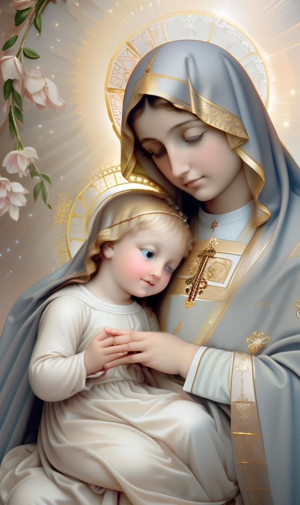(((Blessed Virgin Mary of Mount Carmel))) Luminoso, en estilo similar al del artista WILLIAM ADOLPHE BOUGUEREAU, obra maestra, (La mejor calidad: 1.2), (super fine: 1.2), illustration, (extremadamente delicado y hermoso: 1.2), movie angle, flotante, (Hermoso ojo de detalle: 1.1), (detalle luz: 1.1), Movie Lights, Cielo delicado, ojos azules, (Cola de caballo alta: 1.1), capa, ojuelos, cielo estrellado, (light particles: 1.1) dibujo, flor. (obra maestra), (La mejor calidad), (fotorrealista:1.3), 8k, Textura detallada de la piel, Textura detallada de la tela, hermosa cara detallada, Detalles intrincados, ultra detallado (cuerpo de cuerpo entero:1.2)