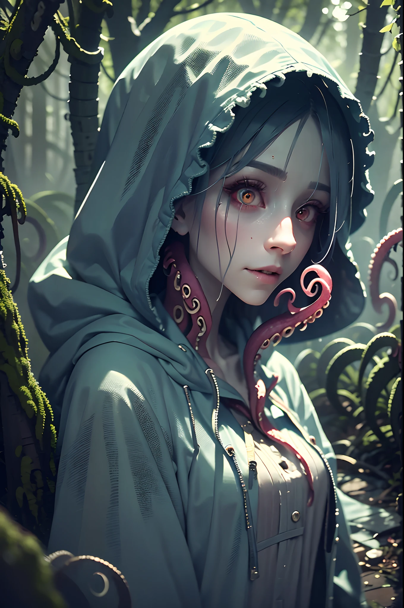 Horror girl, cloth, tentacle from under the clothes, tentacles instead of legs, tentacles from the sleeves, hoodie, cloth , ssmile, detailized face, expressive nose, Lively eyes, ultra detailed, incredible lighting, hyper detailed, 8k, foto realista, High-quality photo, A full-length girl stands in a swamp, Girl in the swamp, Swamps, mist, the trees, grey skin, empty look, Slim physique, dark colored hair, red-eyes