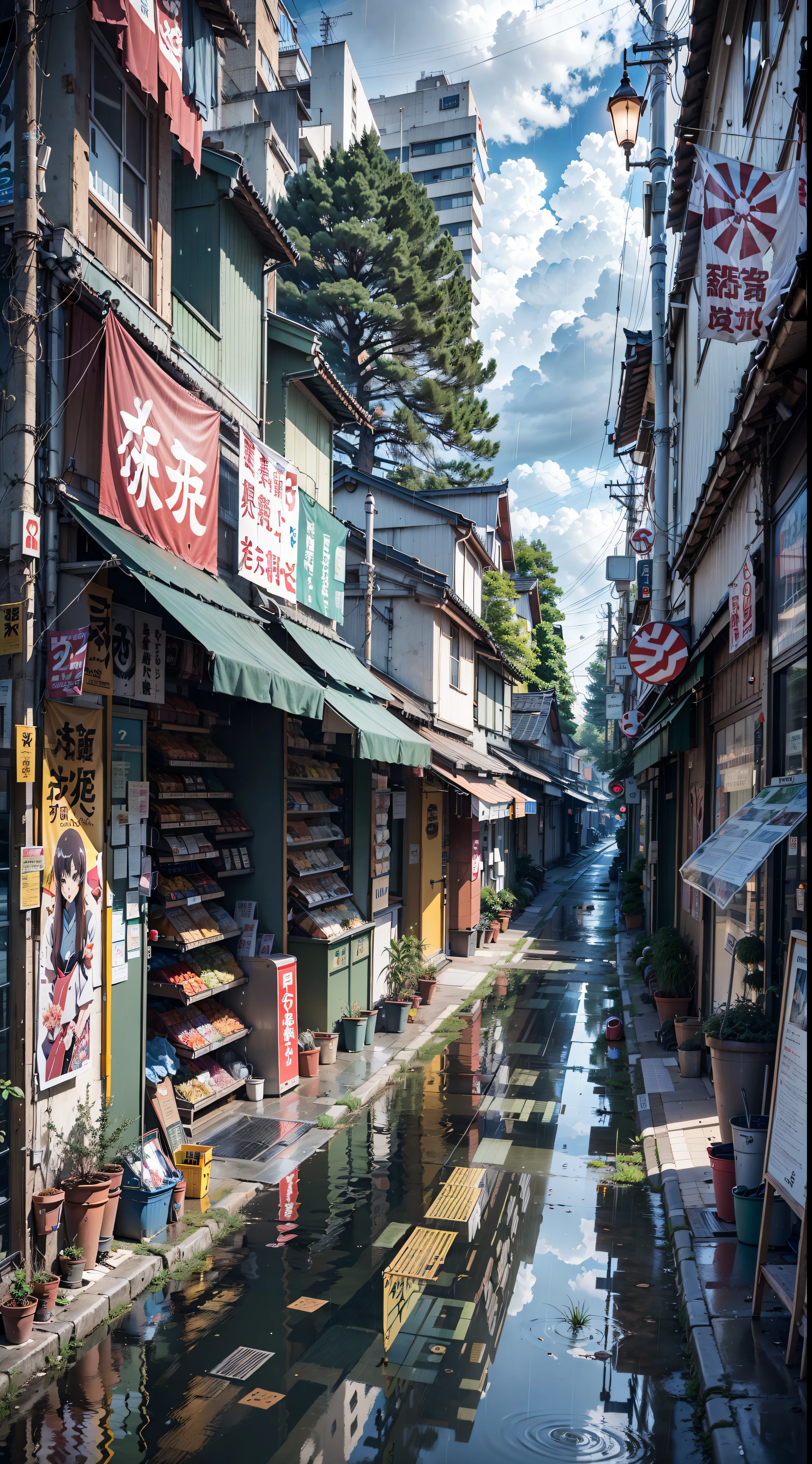 Anime background, empty, modern Japanese city street next to a river. anime, anime style. trash cans, plant pots, drains, air vents, air ventilation systems, gutters, pipes, wires, big Japanese shop signs, retro Japanese shop banners. (no one :1), no one in sight. gloomy weather, rain, heavy rainfall, heavy rain, puddles. best quality. no faces