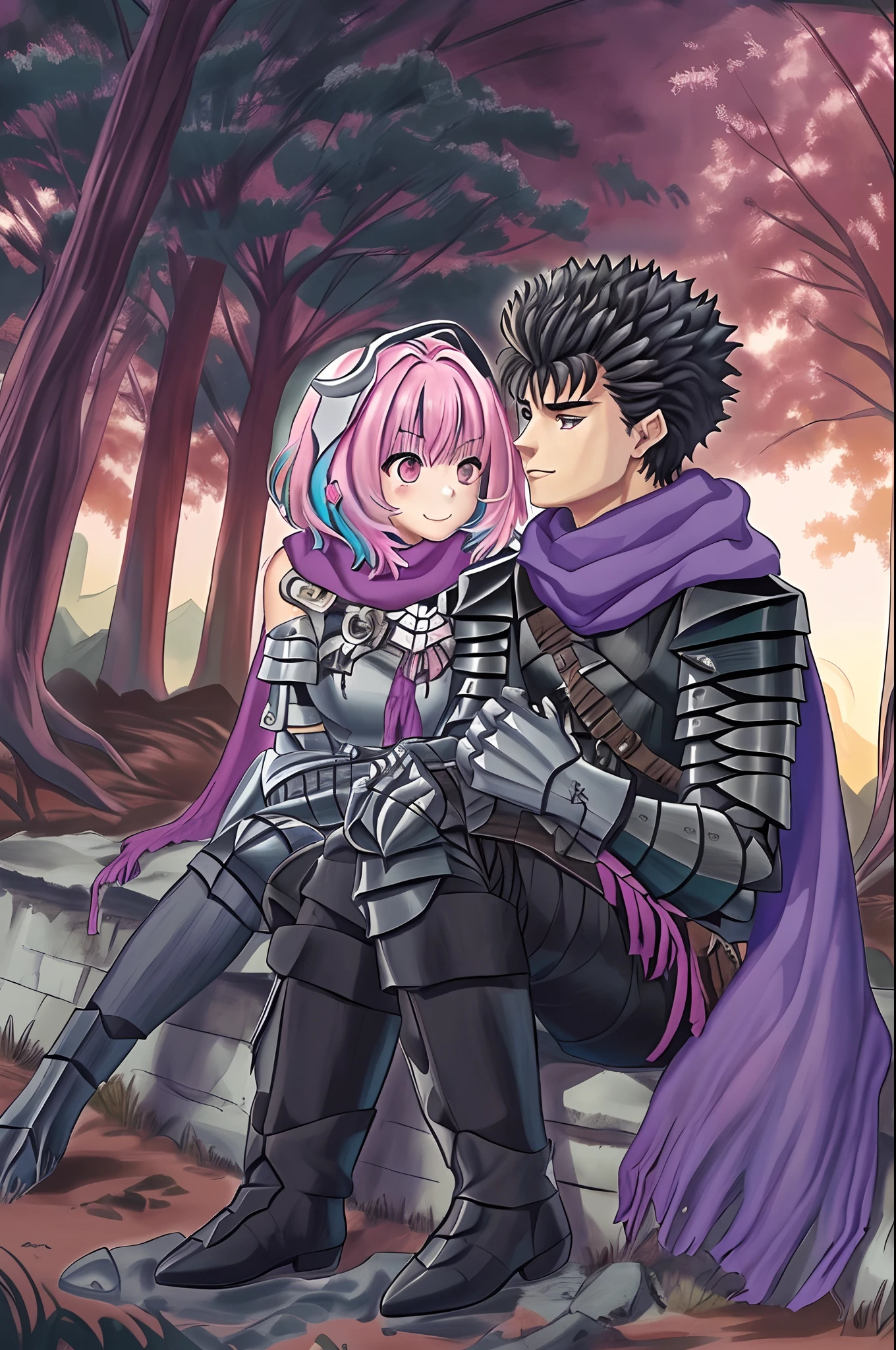 guts and riamu, 1girl, 1boy, (best quality, beruka, gauntlets), armor, purple scarf, black gloves, pants, boots, bandana on the head, sitting, in front, trees, mountain, beautiful scenery in the background, soft sunset, subtle reflections on the ground., happy, couple