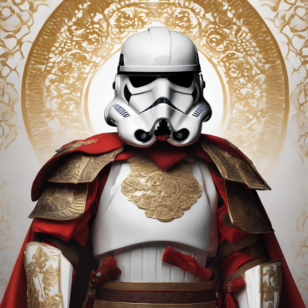 Create an epic digital artwork of STORMTROOPER portrait with samurai armor with japanese WHITE ornament, demon gold helmet, and a flowing cloak. The image should have a dynamic composition, with dramatic angles and perspective that convey the intensity and excitement of the scene. The image should also have a high level of detail, with intricate designs on the character's armor and clothing, and realistic textures on the background elements. The image should be at least 4K resolution, with a high level of color accuracy and sharpness. The final result should be a thrilling and unforgettable