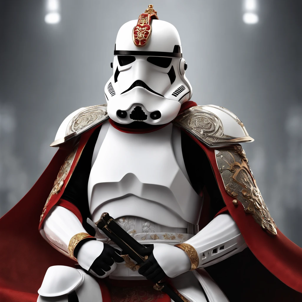 Create an epic digital artwork of STORMTROOPER portrait with samurai armor with japanese WHITE ornament, demon gold helmet, and a flowing cloak. The image should have a dynamic composition, with dramatic angles and perspective that convey the intensity and excitement of the scene. The image should also have a high level of detail, with intricate designs on the character's armor and clothing, and realistic textures on the background elements. The image should be at least 4K resolution, with a high level of color accuracy and sharpness. The final result should be a thrilling and unforgettable