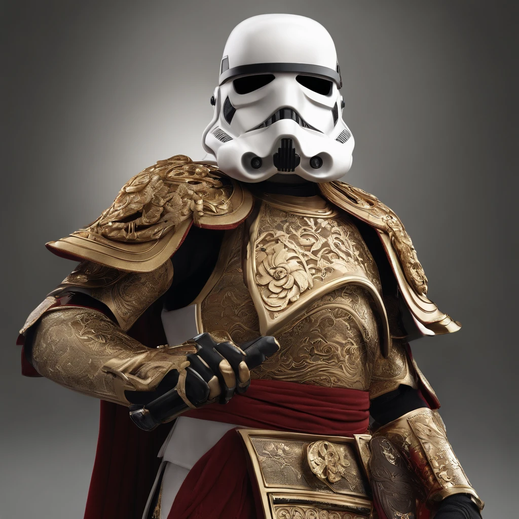 Create an epic digital artwork of STORMTROOPER portrait with samurai armor with japanese WHITE ornament, demon gold helmet, and a flowing cloak. The image should have a dynamic composition, with dramatic angles and perspective that convey the intensity and excitement of the scene. The image should also have a high level of detail, with intricate designs on the character's armor and clothing, and realistic textures on the background elements. The image should be at least 4K resolution, with a high level of color accuracy and sharpness. The final result should be a thrilling and unforgettable