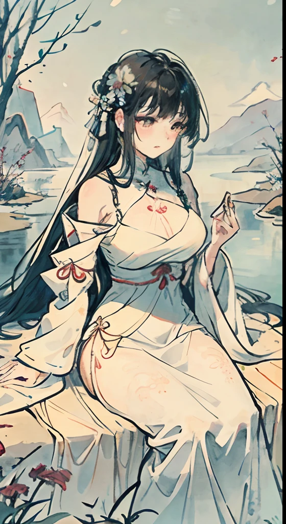  a beautiful young samurai woman in a lush whit a open green dress exposing her naked body, seductive and innocent, armed with a katana, with exquisitely detailed facial features, long black hair, photorealisti, looking at the camera from the front, 