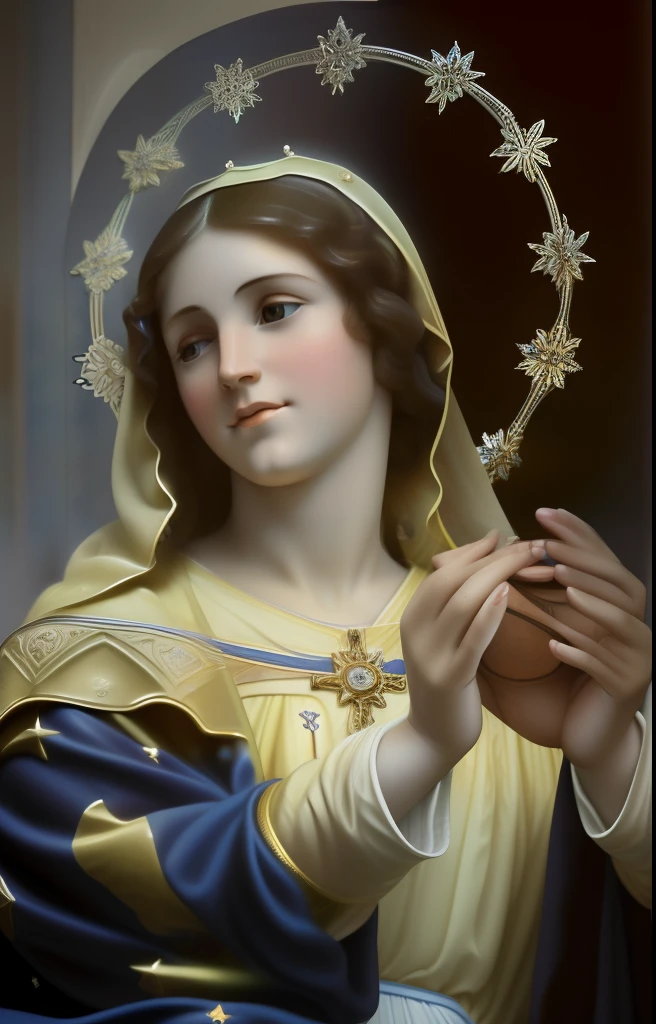 (((Blessed Virgin Mary of Mount Carmel))) Luminoso, en estilo similar al del artista WILLIAM ADOLPHE BOUGUEREAU, obra maestra, (La mejor calidad: 1.2), (super fine: 1.2), illustration, (extremadamente delicado y hermoso: 1.2), movie angle, flotante, (Hermoso ojo de detalle: 1.1), (detalle luz: 1.1), Movie Lights, Cielo delicado, ojos azules, (Cola de caballo alta: 1.1), capa, ojuelos, cielo estrellado, (light particles: 1.1) dibujo, flor. (obra maestra), (La mejor calidad), (fotorrealista:1.3), 8k, Textura detallada de la piel, Textura detallada de la tela, hermosa cara detallada, Detalles intrincados, ultra detallado (cuerpo de cuerpo entero:1.2)