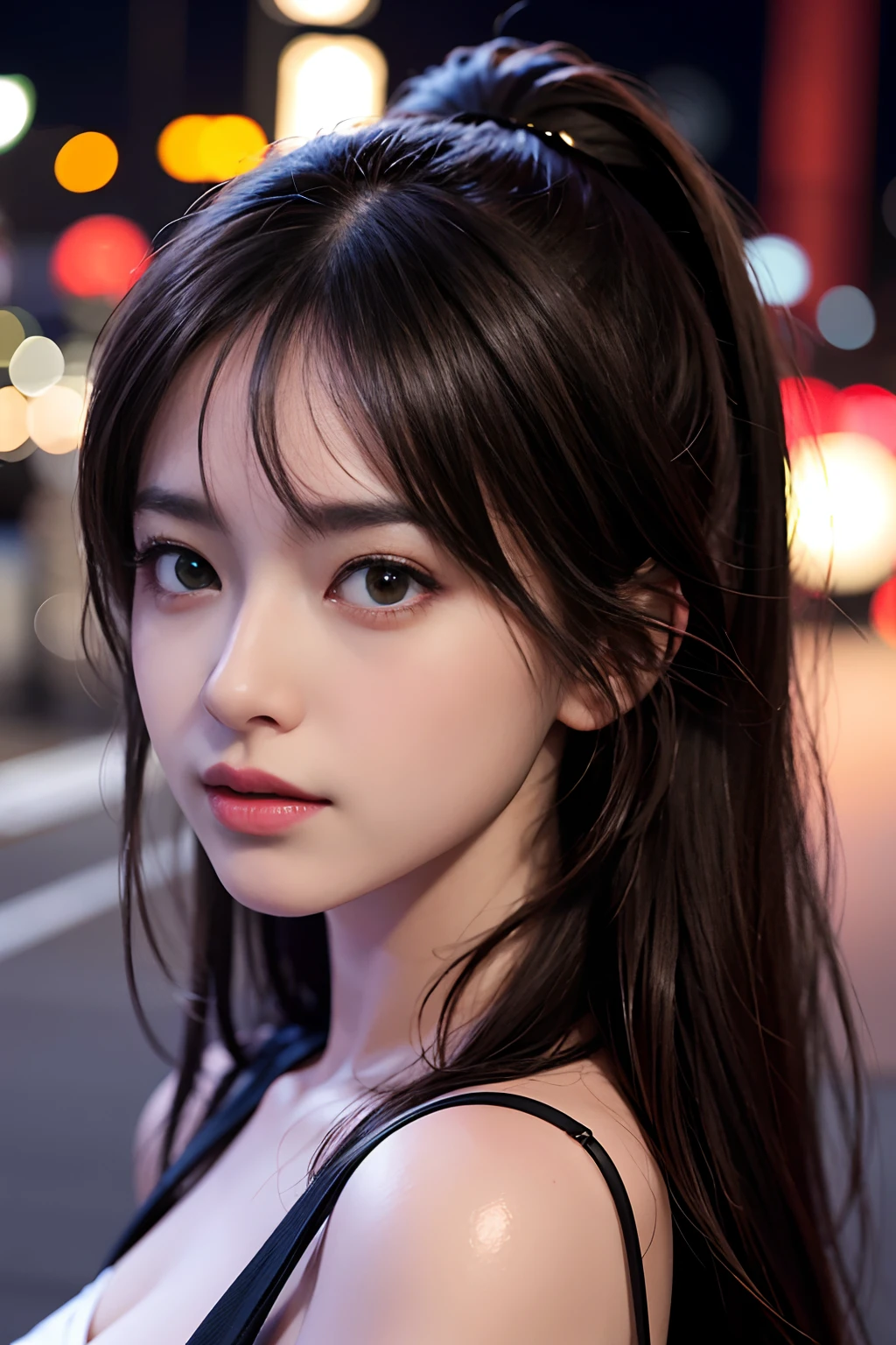 1girl, Tokyo street,night, cityscape,city lights, upper body,close-up, 8k, RAW photo, best quality, masterpiece,realistic, photo-realistic,