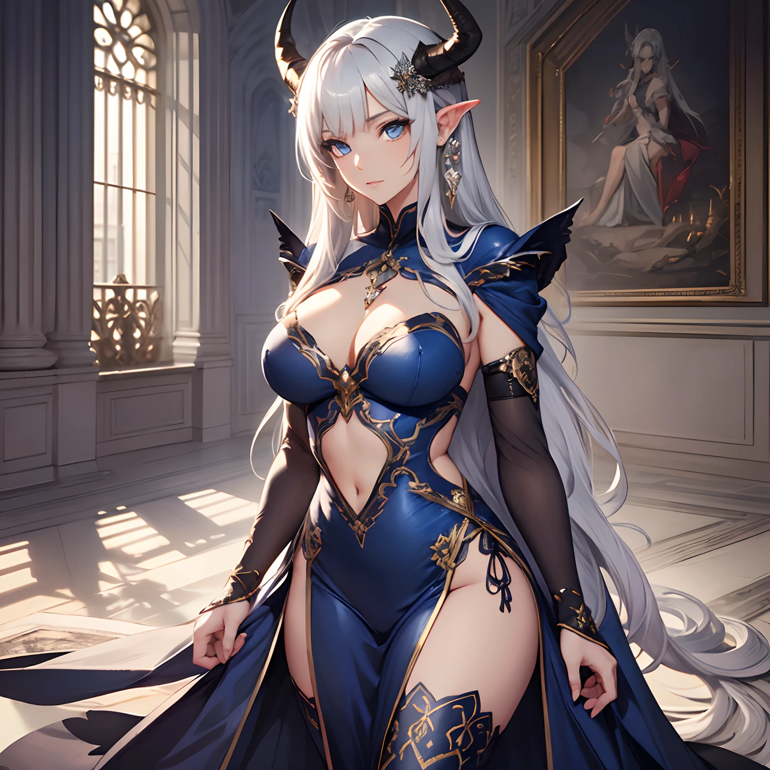 (masterpiece), (best quality), (ultra detailed), 1woman, (solo), mature, silver hair, a woman regal dress long silver hair and blue eyes, royal, slender body, curvy waist, princess, horns, has horns, has a dragon tail, older woman, stern expression
