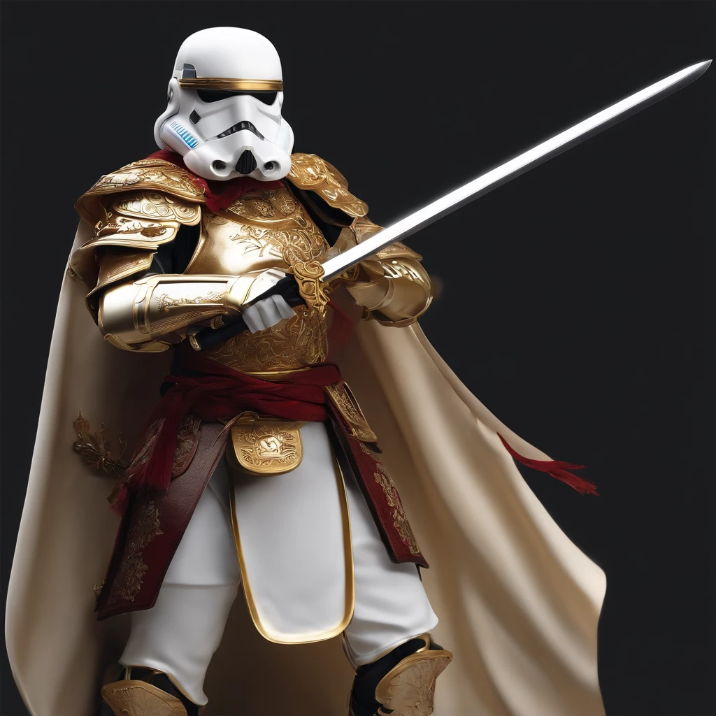 Create an epic digital portrait art STORMTROOPER with samurai armor with Japanese ornament WHITE, golden devil helmet, and a flowing cloak. The image must have a dynamic composition, with dramatic angles and perspective that convey the intensity and emotion of the scene. The image should also have a high level of detail, com desenhos intrincados na armadura e nas roupas do personagem, e texturas realistas nos elementos de fundo. Image must be at least 4K resolution, with a high level of color accuracy and sharpness. The end result should be exciting and unforgettable