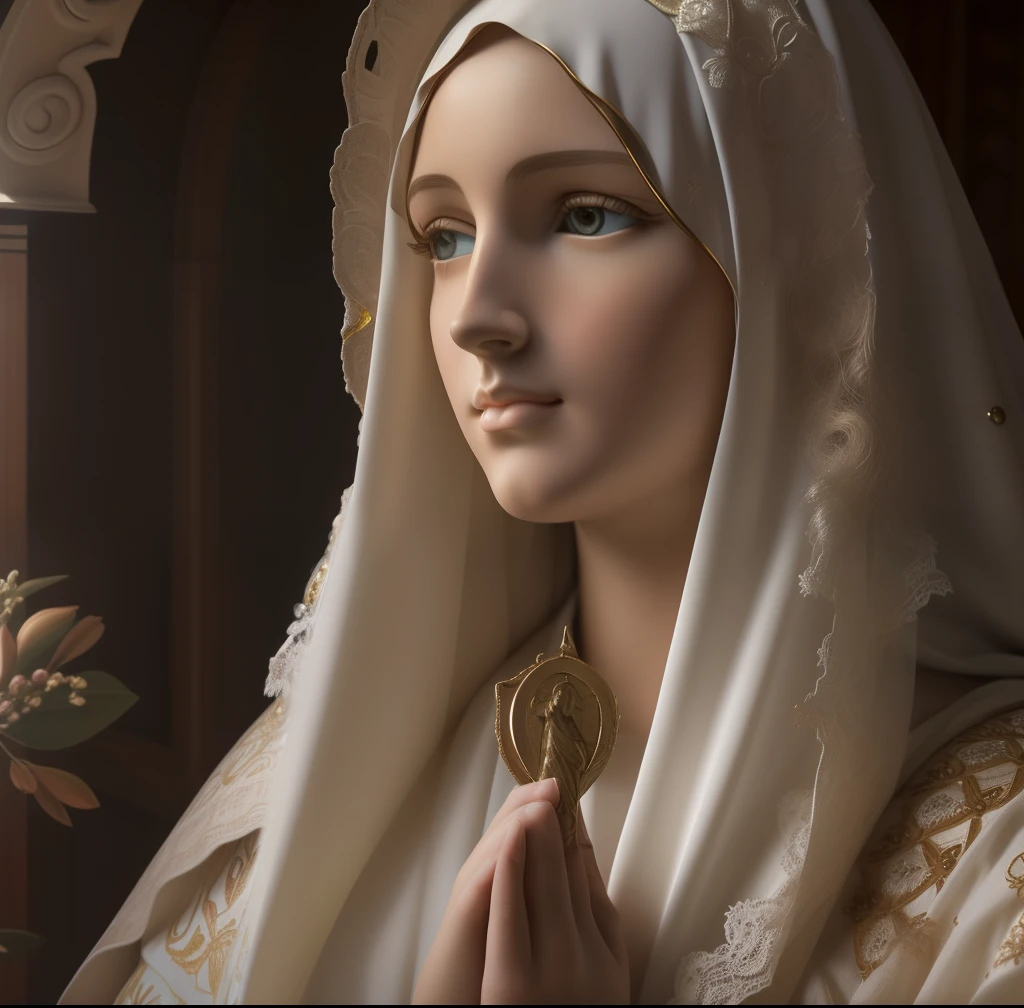 a highly detailed statue of the virgin mary of santa barbara, intricate religious sculpture, immaculate white marble, flowing robes, serene expression, hands clasped in prayer, divine aura, ornate architectural backdrop, glowing heavenly light, photorealistic, cinematic lighting, masterful craftsmanship, museum quality, ultra-detailed, 8k