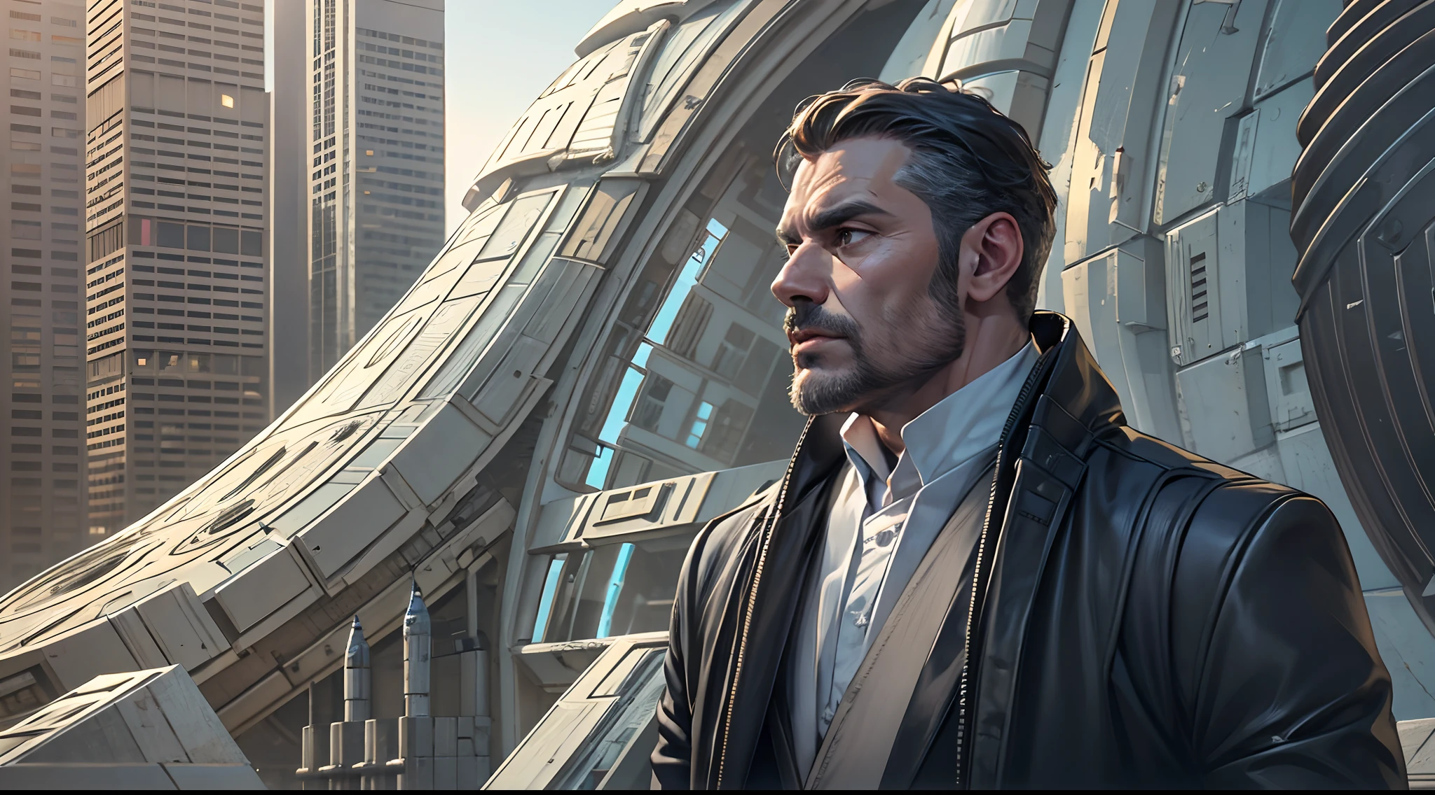 handsome businessman in his 40s in futuristic city, solo focus, wide shot, hyper realistic, in style of Star Wars