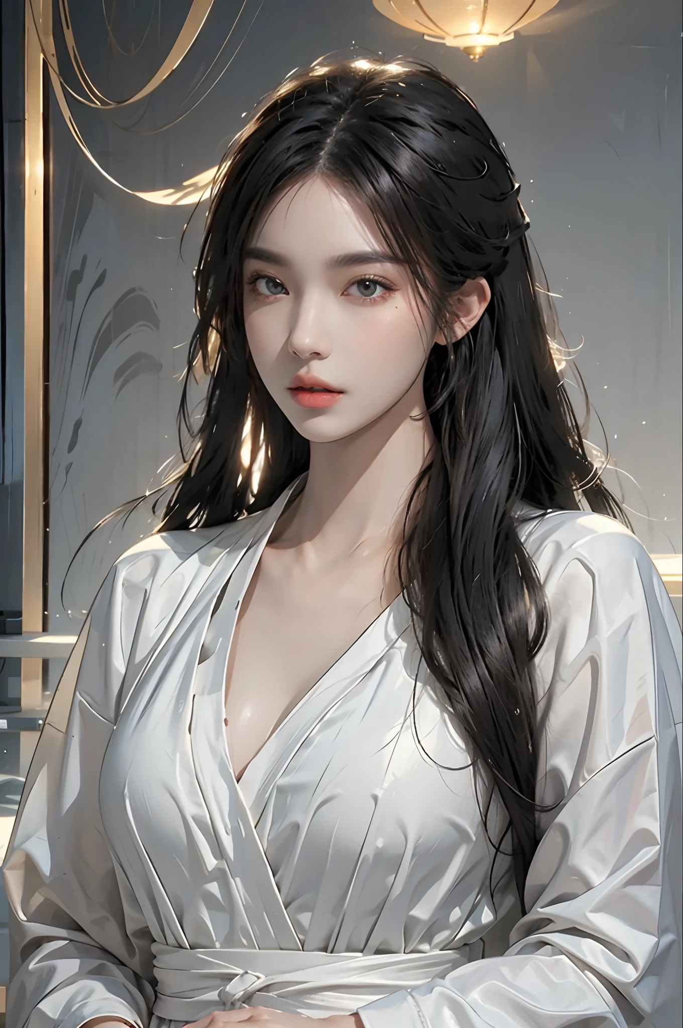 Photorealistic, high resolution, 1womanl, Solo, view the viewer, (Detailed face), Black hair, long whitr hair, White robe,Conservative clothes
