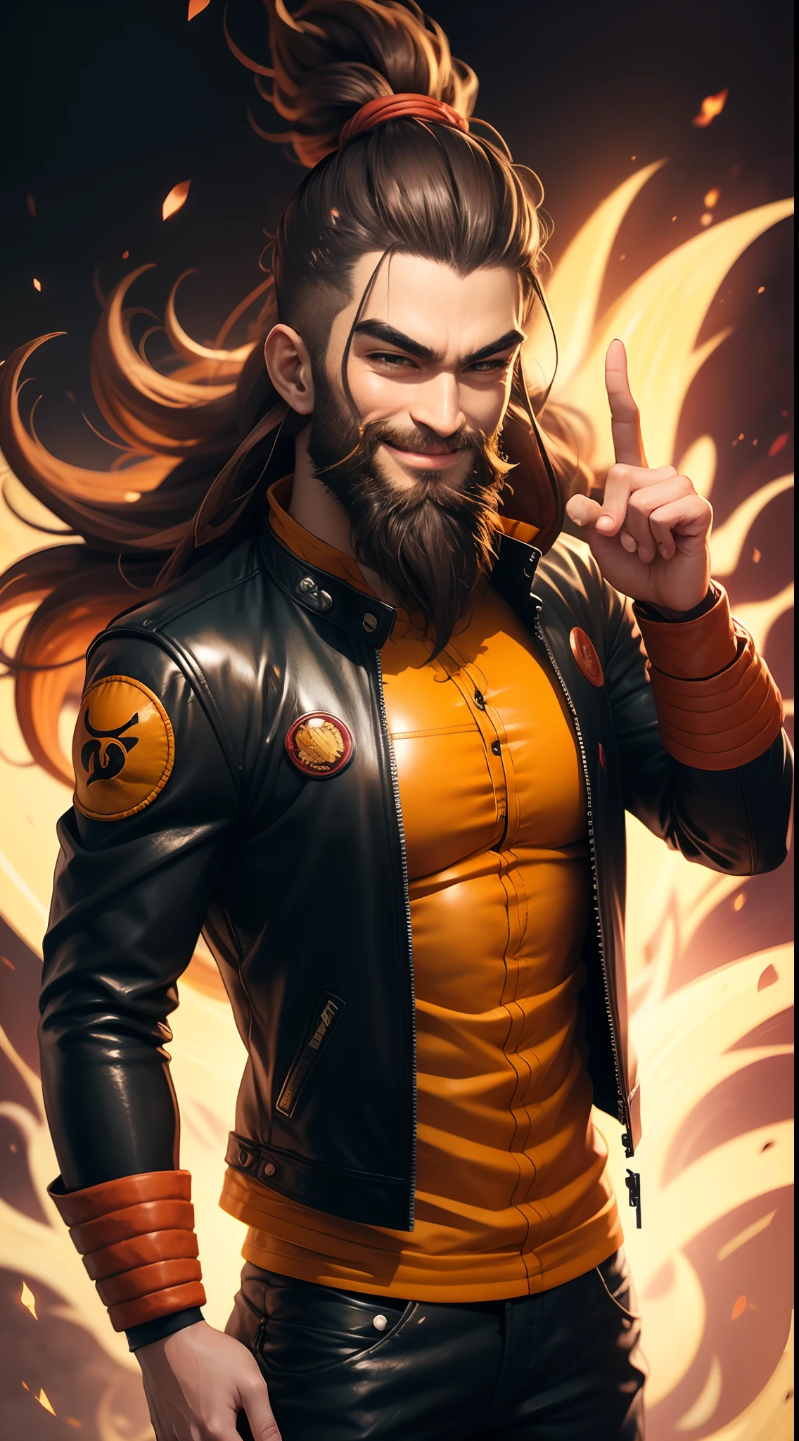 Dragon Ball style,The middle finger pointed to his head,Brown eyes,Long beard, Long hair, topknot, Smiling, Leather jacket, Capsule company logo on jacket