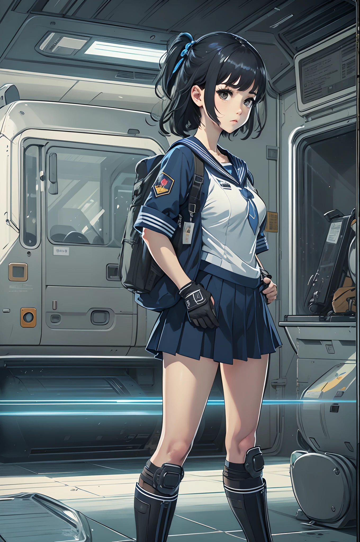 one-girl,teens girl,female student,black color hair,Black eyes,with short black hair,Qi bangs,face expressionless,Student uniform,a sailor suit,Blue sailor suit,tactical vest,Tactical knee pads,Tactical elbow pads,Tactical gloves,near future,Bright background,Gentle facial features