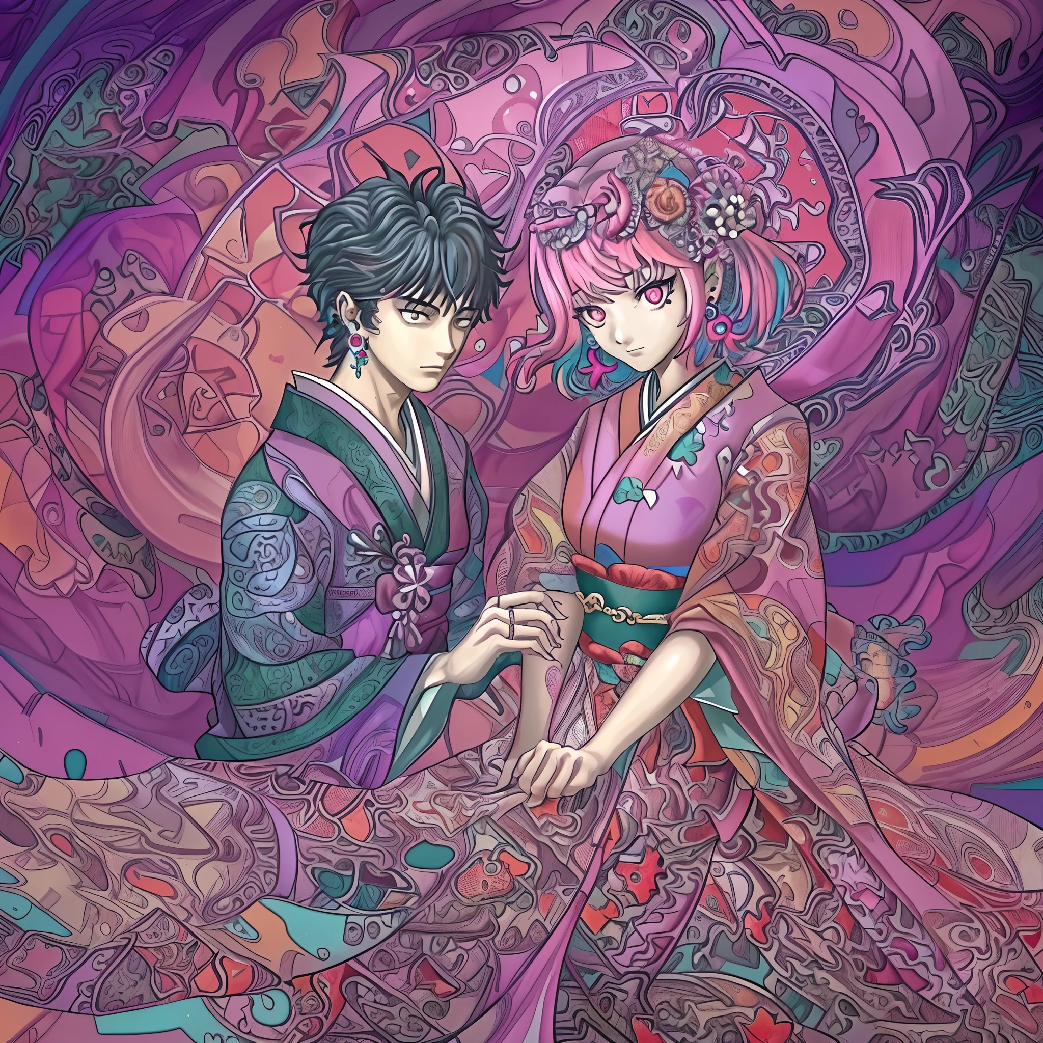 (masterpiece, top quality, best quality, official art, beautiful and aesthetic:1.2), (1girl:1.3), extremely detailed,(fractal art:1.1),(colorful:1.1),highest detailed,(zentangle:1.2), (dynamic pose), (abstract background:1.5), (japanese dress:1.2), (shiny skin), (many colors:1.4), ,(earrings:1.4),couple husband and wife, guts and riamu, 1BOY and 1girl