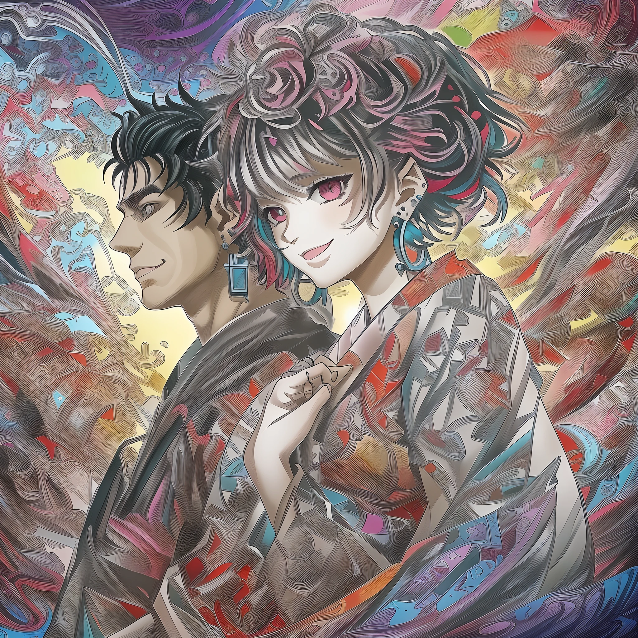 (masterpiece, top quality, best quality, official art, beautiful and aesthetic:1.2), (1girl:1.3), extremely detailed,(fractal art:1.1),(colorful:1.1),highest detailed,(zentangle:1.2), (dynamic pose), (abstract background:1.5), (japanese dress:1.2), (shiny skin), (many colors:1.4), ,(earrings:1.4),couple husband and wife, guts and riamu, 1BOY and 1girl, happy, smile