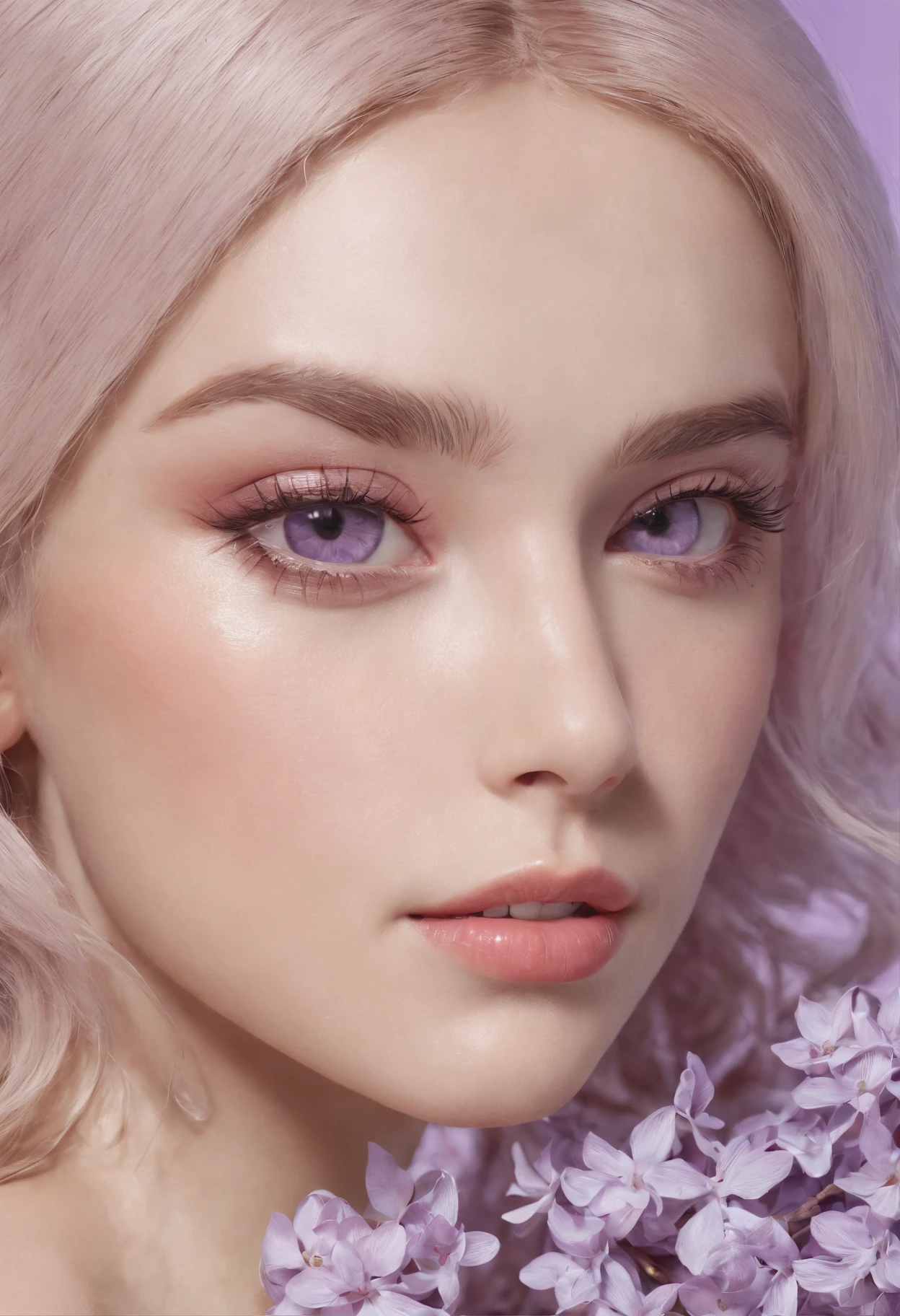 1 person beautiful, young caucasian woman sitting under the lilac, long eyelashes, solid circle eyes, light smile, accurate, intricate details, eye reflection, dilated pupils, full blush, blonde hair, Surrealism, drop shadow, anaglyph, stereogram, tachi-e, pov, atmospheric perspective, 8k, super detail, best quality, 16k, highres, award winning, high details, super detail, textured skin, anatomically correct, UHD, retina, masterpiece