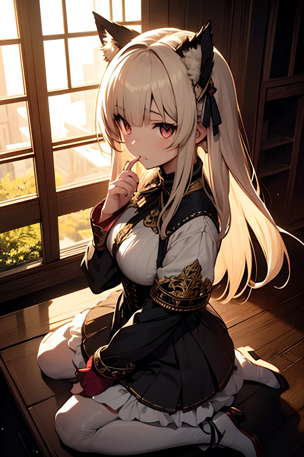 ((Masterpeace)), ((best quality)), ((all detailed)),((extremely detailed)),illustration,(silhouette),(((intricate detailed))),1 beautiful woman,black gothic ta,wariza,hand between legs,skinny body shape,cute,thin eyebrows,upturned eyes,embarrassed,semi-long hair,blunt bangs,palegoldenrod hair,indianred eyes,from above,indoors,dimgray cat ears,fantasy,anime style, extremely fine and beautiful,fate jeanne d arc
