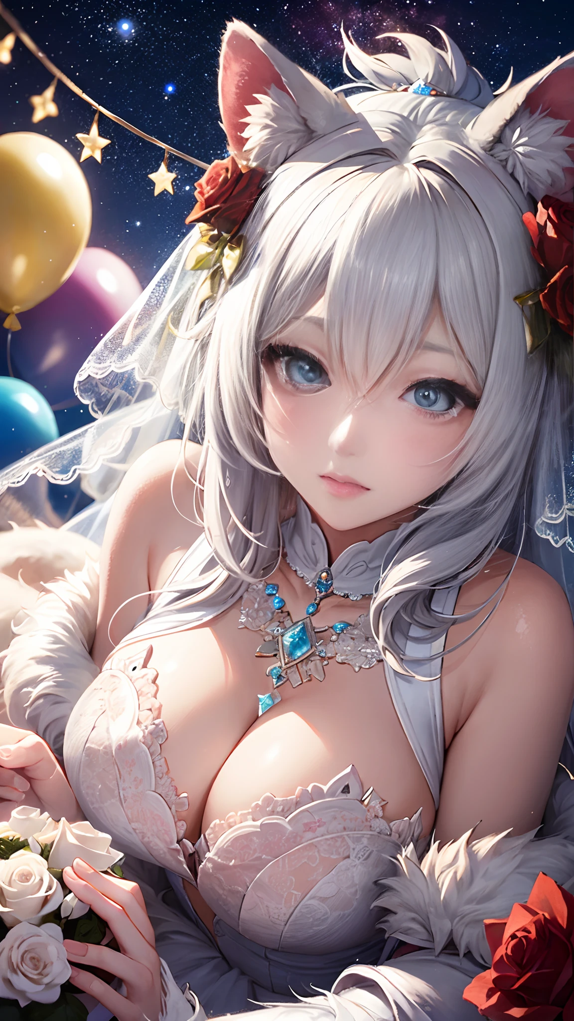 Two beautiful brides, kemono, furry, very detailed body fur, Cute white caravan with white and red roses, diamonds, lots of fairy lights, bunting, balloons, pretty, beautiful, vivid colors, Intricate, Highly detailed, Warm lighting, Sharp focus, beautiful starry sky, perfect composition, extreme camera angle,