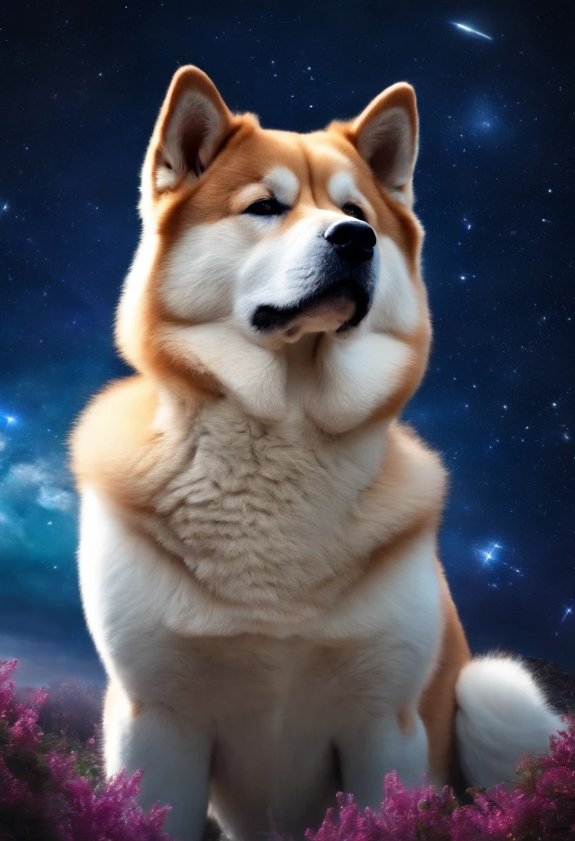 Akita Inu dog with otherworldly beauty from the skies, futuristic with the background with shooting stars