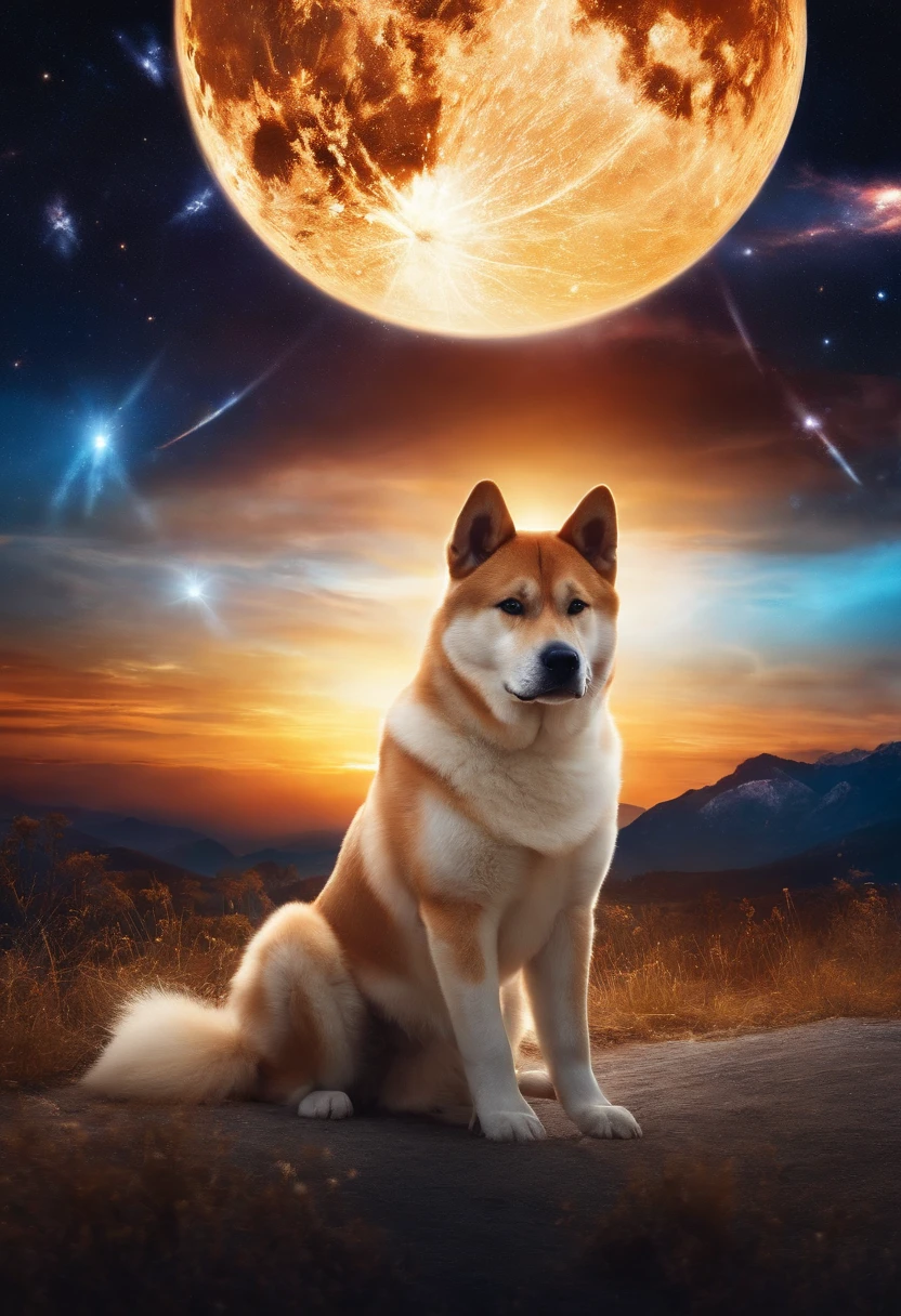 Akita Inu dog with otherworldly beauty from the skies, futuristic with the background with shooting stars