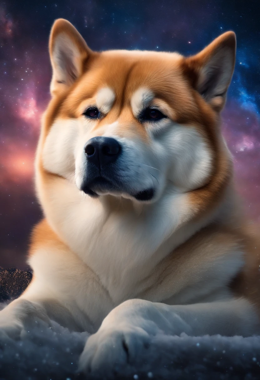 Akita Inu dog with otherworldly beauty from the skies, futuristic with the background with shooting stars
