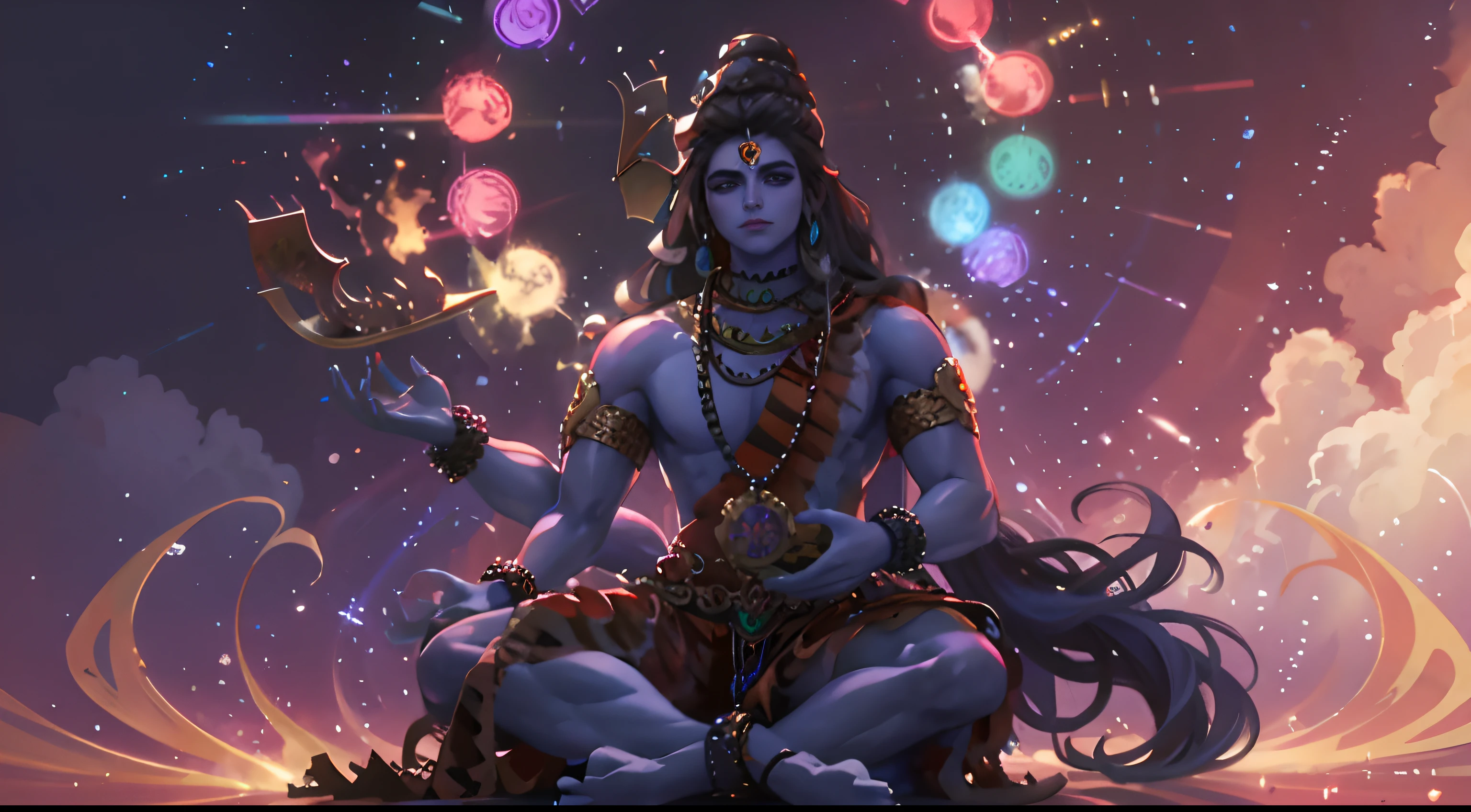 "Stunning depiction of god shiva with a divine aura, fierce and powerful, radiant with strength , adorned with intricate details, majestic and awe-inspiring, intense colors and contrasts, mystical ambiance, ethereal and transcendent, invoking a sense of both reverence and awe."