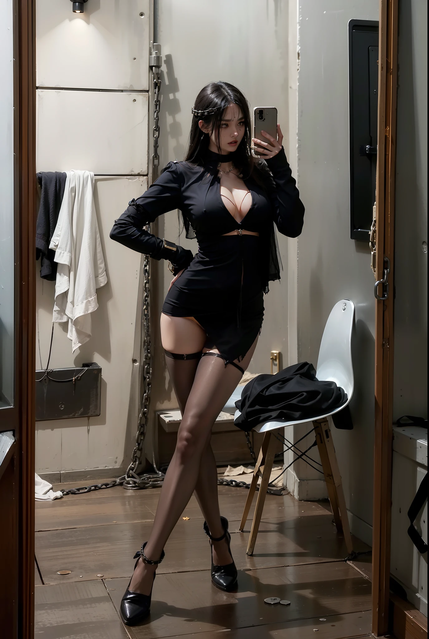 ,((Wearing a torn sheer costume of a superheroine)),(, No bra)), Wet crotch, Wet thighs, Beautiful girl with accentuated slender abs: 1.4, (((nipple tips protruding, areola is protruding, The shape of the pubic region is clearly visible)), sixpack abs: 1.4, Bust Botox, Photo, Sharpness, Unique 850 4, Koda850 k portrait camera, F1.6 shots, Ultra-realistic textures, Spectacular light textures, Cinestil 800 Fashion Mechanics, (futuristic sci-fi battle fashion: 1.1), (tied perfectly by chain), Restraint, Slaves, collars, ((wide prison with sunlight)), Dark fantasy, Realistic material details, extreme hight detail, Ultra-realistic materials ((Torn costume))), Wet, Cloudy, (Chained)), ((big emphasized by chains)), ((chains digging into crotch)), ( (Collar)), (, No bra), shredded costumes, broken golden shields and battle spears,, White combat gloves, Combat shoulder armor, Blood splattered on the face, Blood splattered, Realistic, (Bruises, Dirty, ripped clothing, skimpy clothing, Blood: 1.3), Torn Cape, Torn pantyhose, Long legs, ((iron pipe in the crotch)), Metallic shackles and fetters, ((chains hung from heaven)), Wet crotch is clearly visible, Swarovski's sword and the anatomy beneath his feet, (futuristic sci-fi battle fashion, Torn mesh stockings),