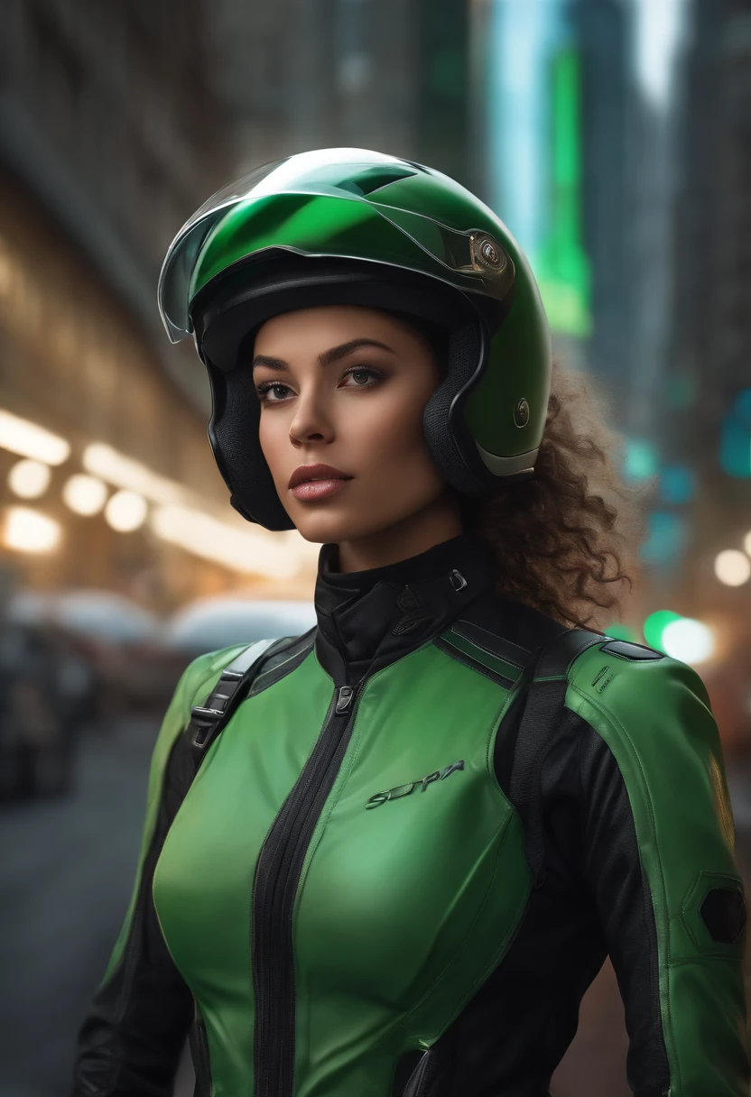 Highest picture quality, outstanding detail, Super High Resolution, (Realism: 1.4), best illustration, Valid Details, Ultra Intense 1girl, With a delicate and beautiful face, Micah wears black and green, Wearing a mica helmet, Holding the direction controller, riding a motorbike, The backlight is a high-tech lighting scene of the city of the future. Surrealist illustration, Dedicated to serial., Clean digital display, Rendering the photo-realistic, Surrealist illustration