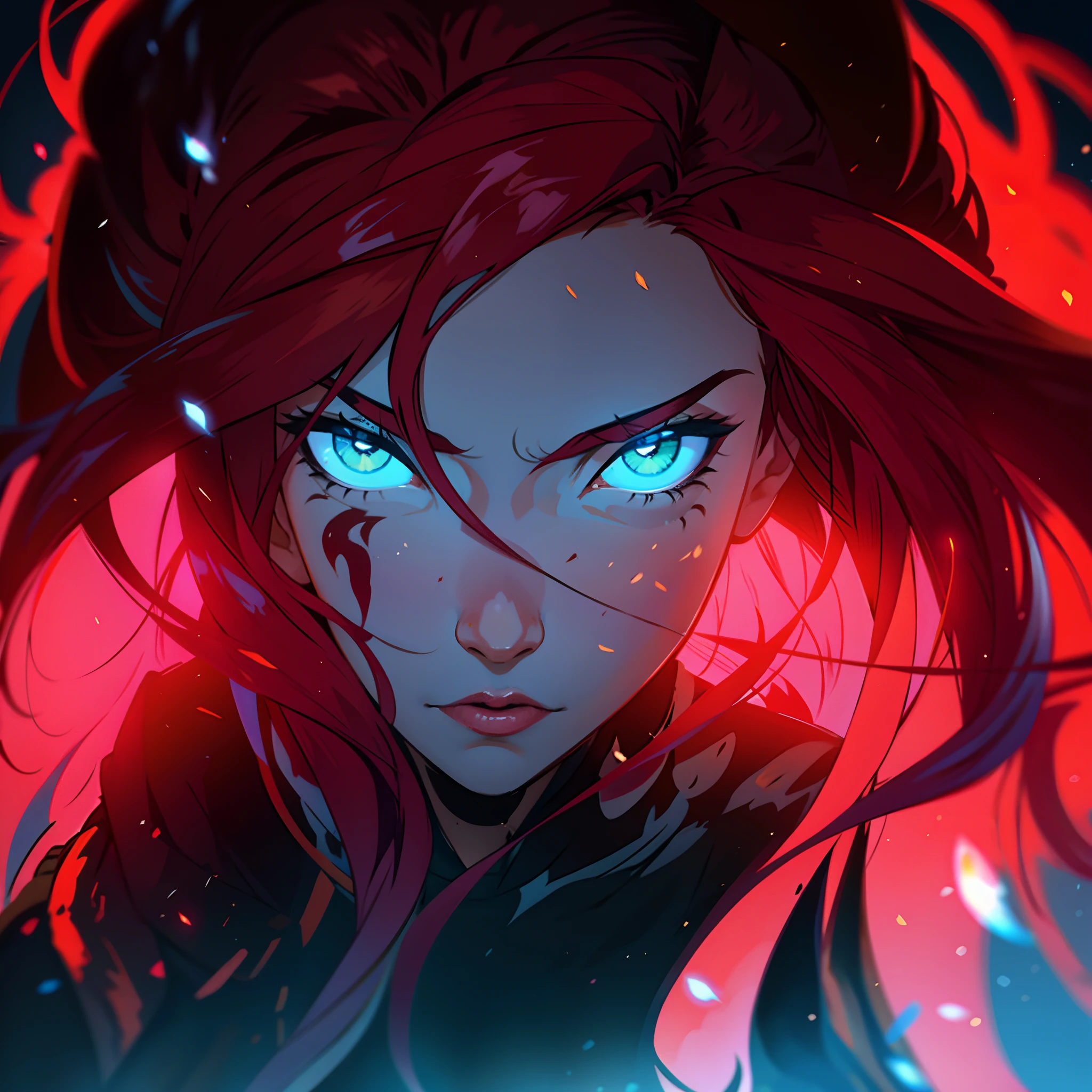 Uma bela mulher de olhos azuis intensos efeito de fogo e cabelo ruivo longo ondulado (brown hair) (Detailed strokes) Princess Eyes Sexy curvy eyelashes A background full of magic with flames Expressive with a look of fury.