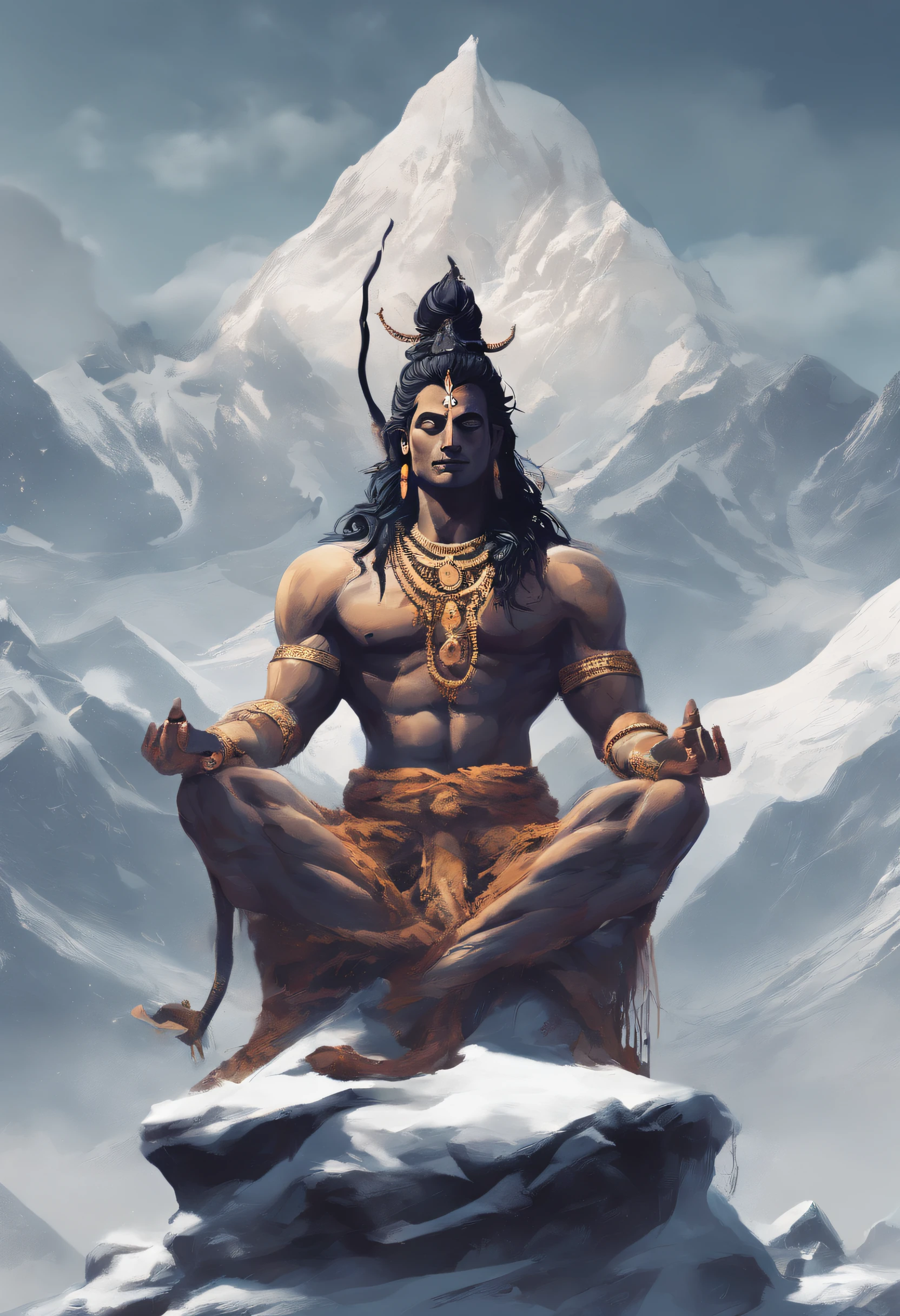 lord shiva, snake on shoulders, upper body naked, ripped body, muscular body, meditating, snow mountains background, indian god, closed eyes, cobra on body